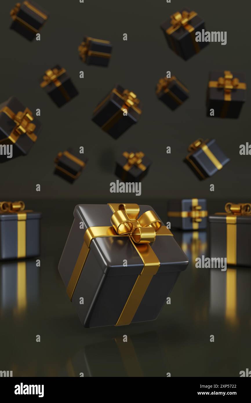 Confezione regalo nera con fiocco dorato su sfondo scuro. illustrazione 3d. Foto Stock