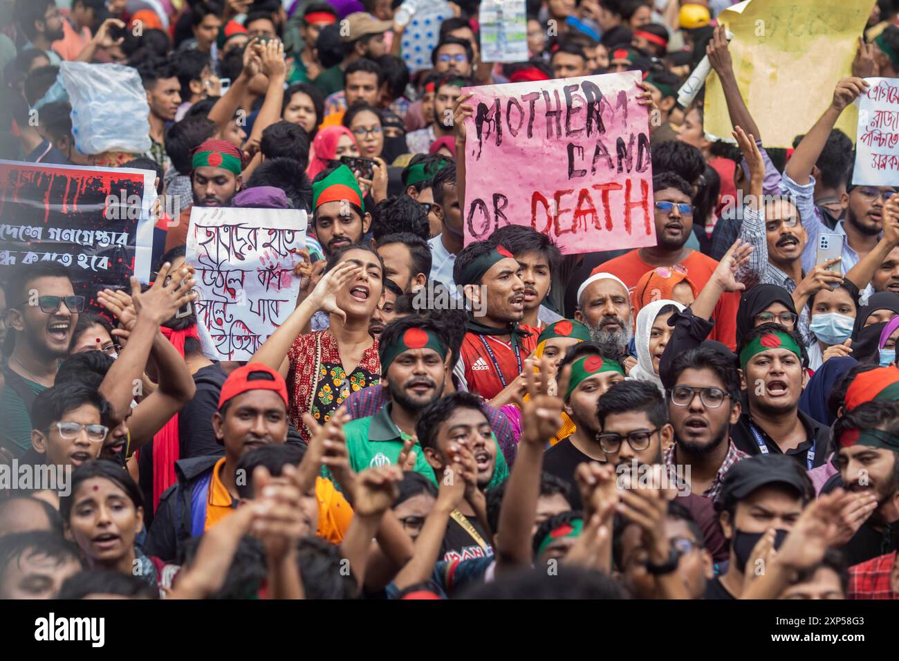 Dacca, Bangladesh. 3 agosto 2024. I manifestanti tengono cartelli che esprimono la loro opinione durante una dimostrazione. Studenti del Bangladesh, insegnanti, attivisti per i diritti umani e attivisti culturali hanno partecipato a una protesta contro il primo ministro Sheikh Hasina e il suo governo per dimettersi e, allo stesso tempo, hanno anche chiesto la formazione di un nuovo governo nazionale (foto di Sazzad Hossain/SOPA Images/Sipa USA) crediti: SIPA USA/Alamy Live News Foto Stock