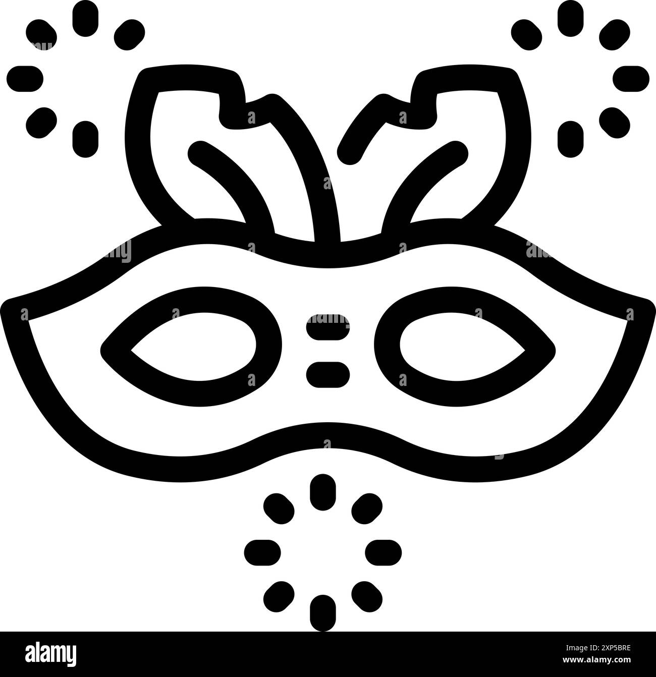 Icona della line art di una maschera di carnevale circondata da fuochi d'artificio, che simboleggia la gioia e la celebrazione del mardi gras Illustrazione Vettoriale