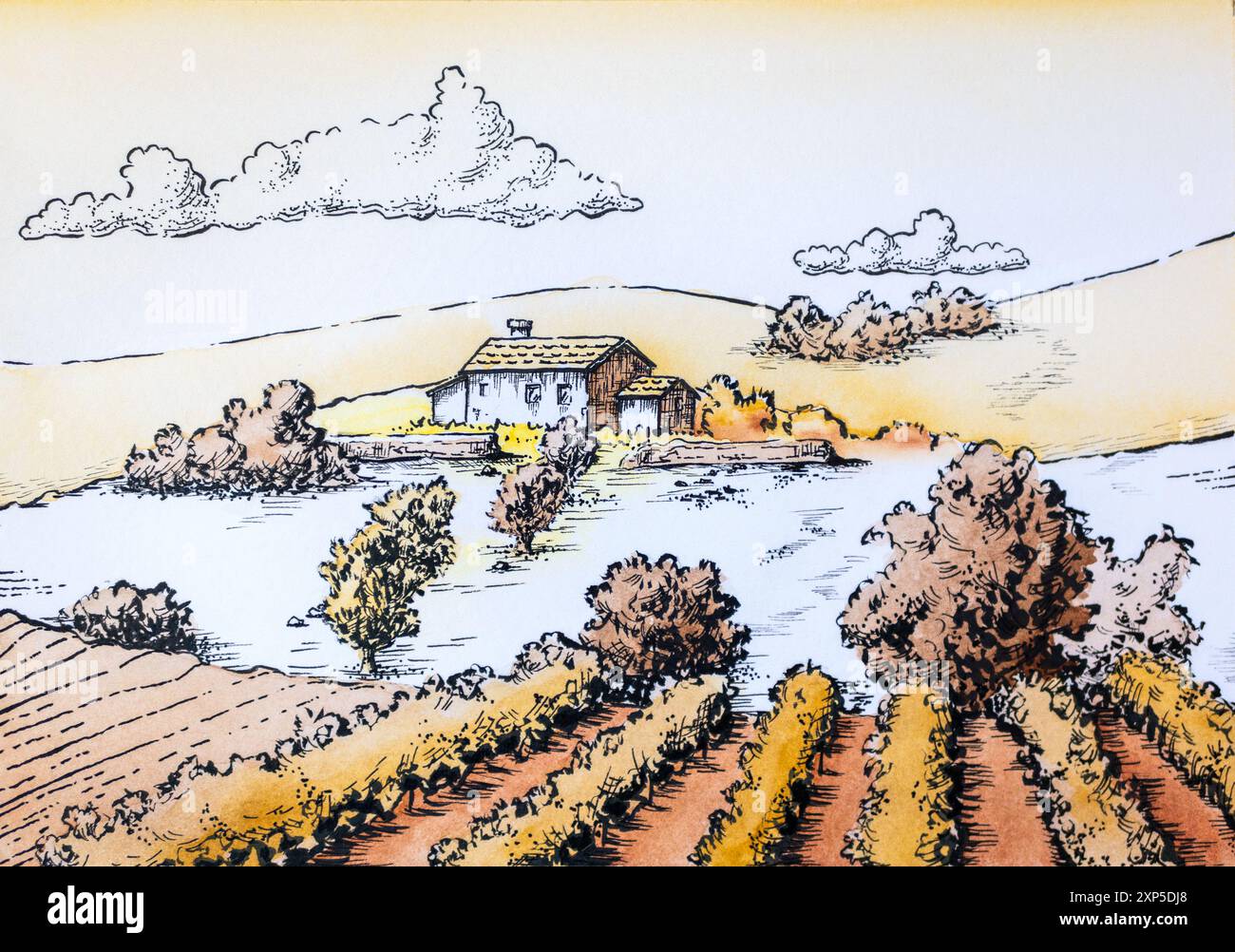 Disegno ad inchiostro e acquerello di un tipico paesaggio rurale mediterraneo. Illustrazione tradizionale su carta. Foto Stock