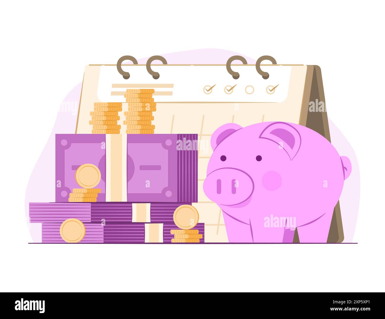 Illustrazione del concetto di Cash Money, Piggy Bank e Calendario per il risparmio e la disciplina finanziaria Illustrazione Vettoriale