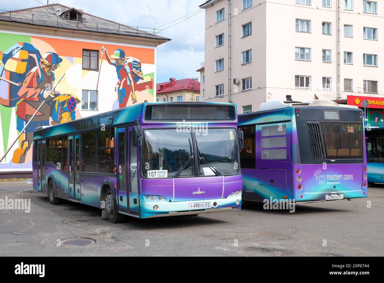 MURMANSK, RUSSIA - 28 LUGLIO 2024: Due autobus navetta MAZ nel parcheggio in un pomeriggio di luglio. Trasporti pubblici a nord Foto Stock