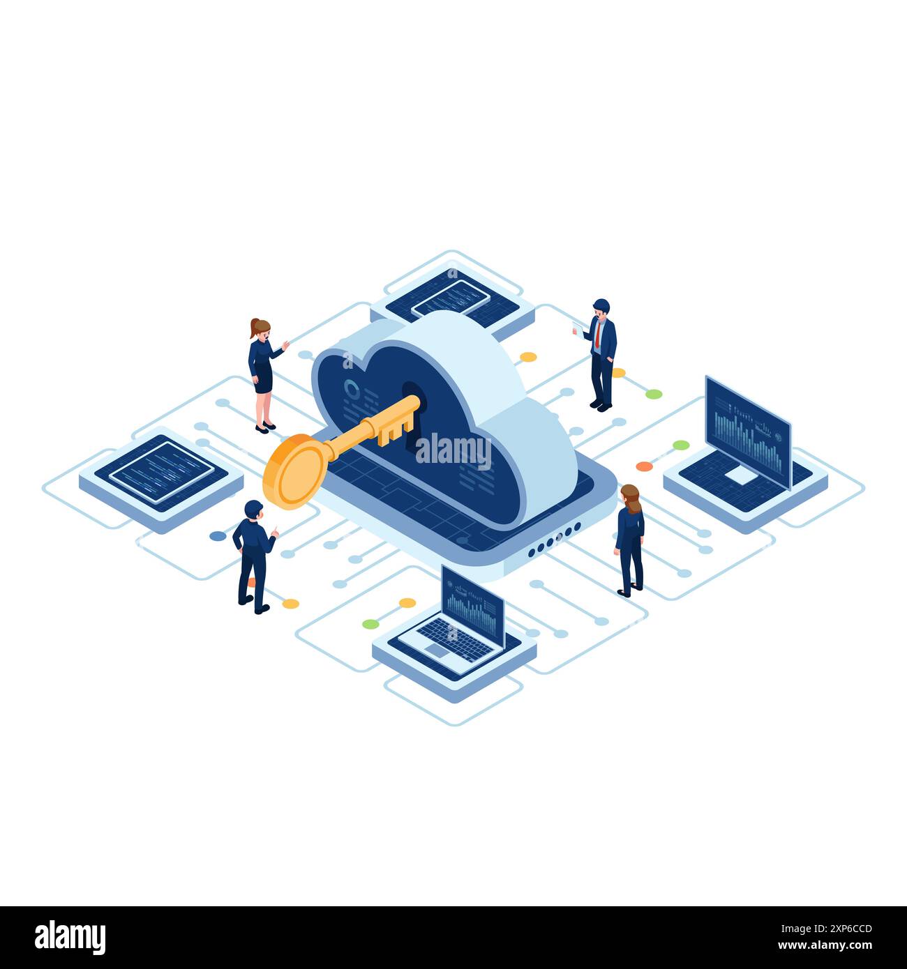 Soluzione Isometric basata su cloud con chiave la metafora ideale per una soluzione. Soluzione basata su cloud e concetto di sicurezza per il cloud computing Illustrazione Vettoriale