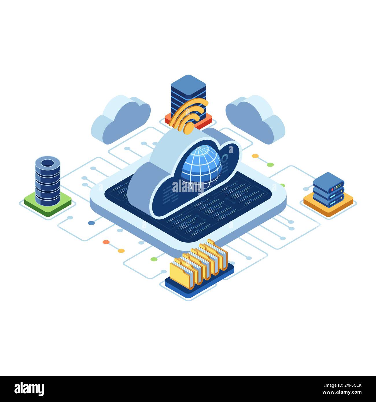 Cloud computing isometrico con rete globale e infrastruttura per data center. Concetto di soluzione cloud computing e basata su cloud Illustrazione Vettoriale