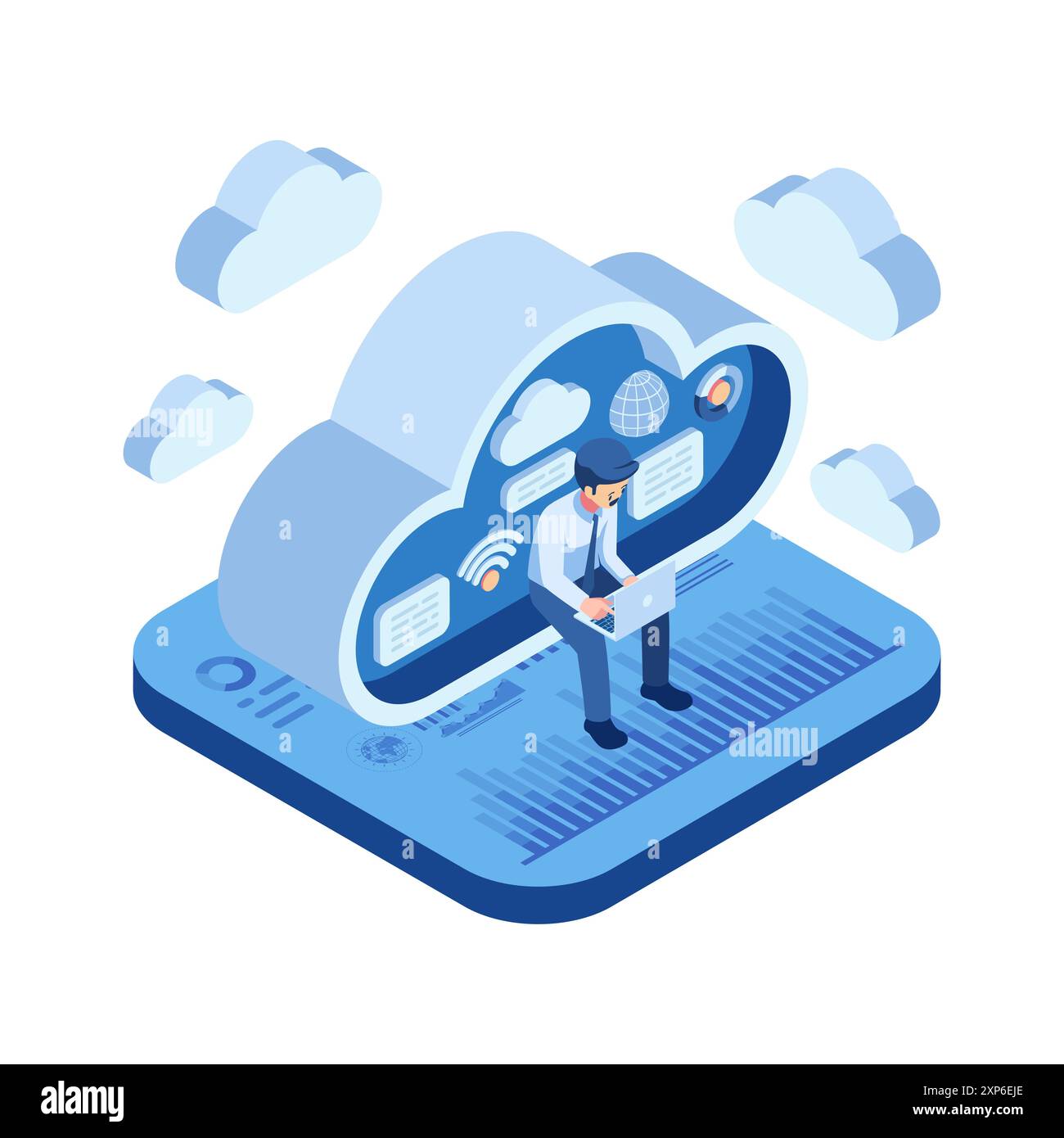 Uomo d'affari isometrico che utilizza un notebook che lavora sul cloud. Tecnologia di cloud computing e concetto di soluzione basata su cloud Illustrazione Vettoriale