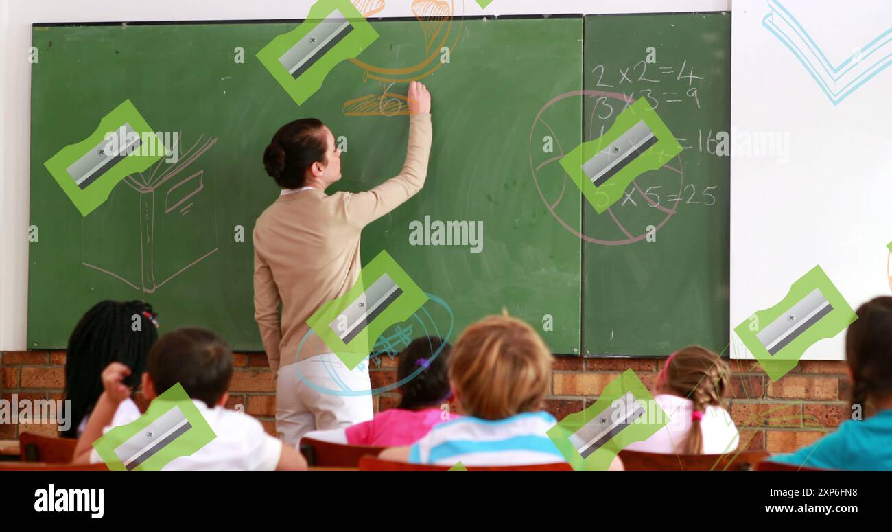 Immagine della caduta di provviste scolastiche su diversi ragazzi in classe a scuola Foto Stock