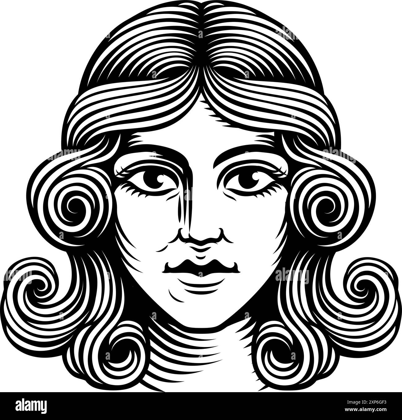 Donna stile medievale testa viso Vintage Woodcut Illustrazione Vettoriale