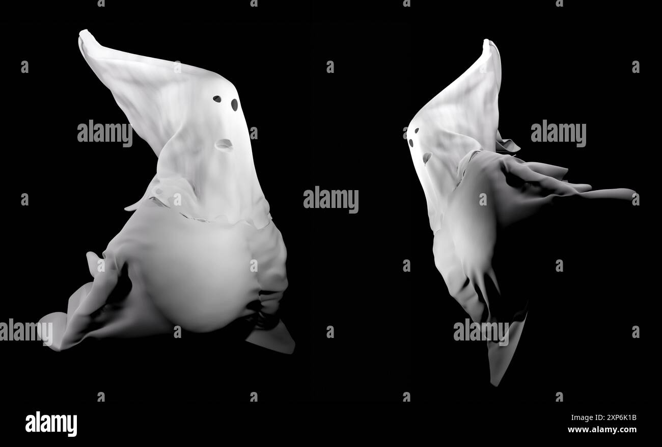 Simpatici fantasmi isolati su sfondo nero. Illustrazione di rendering 3D. Foto Stock