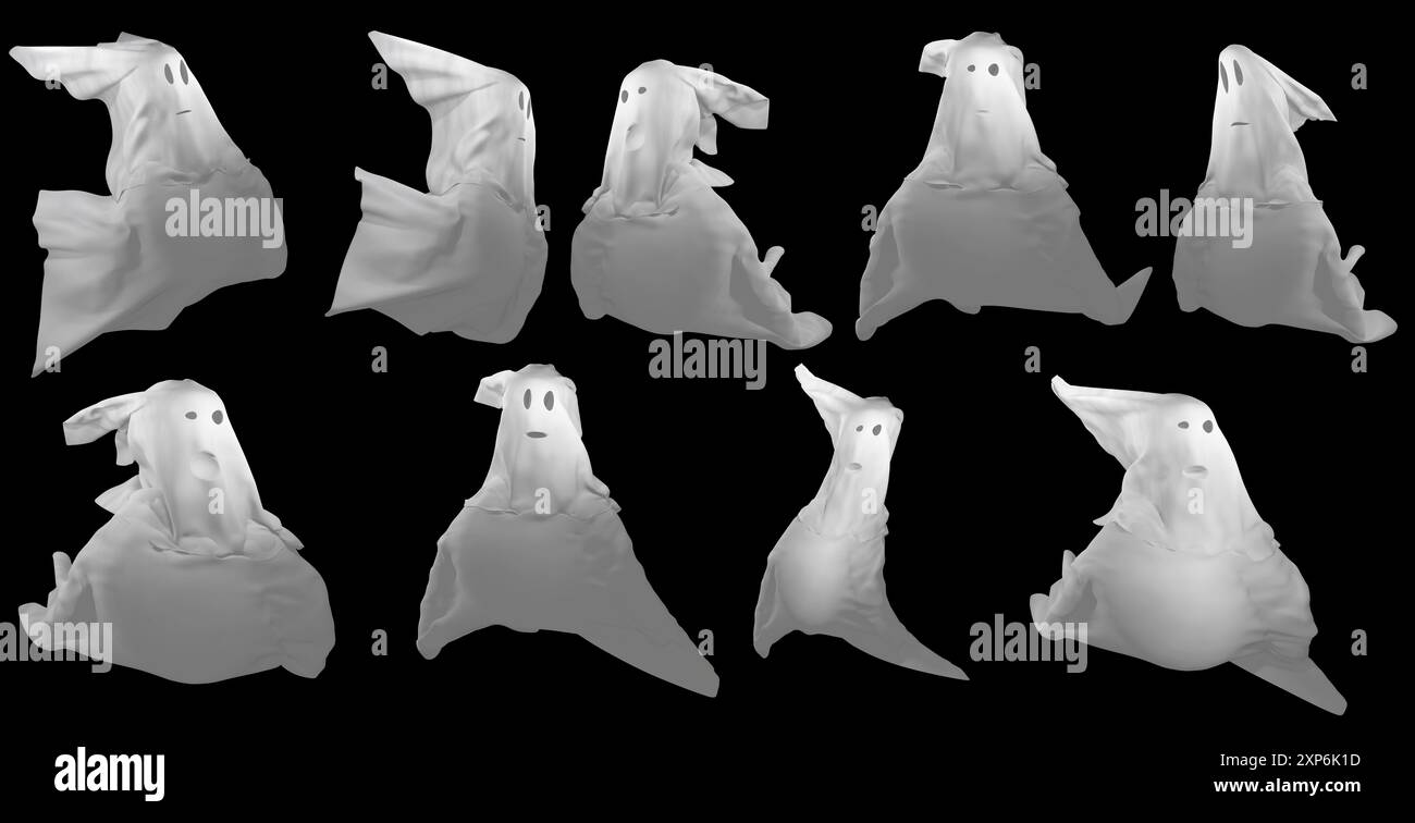 Simpatici fantasmi isolati su sfondo nero. Illustrazione di rendering 3D. Foto Stock