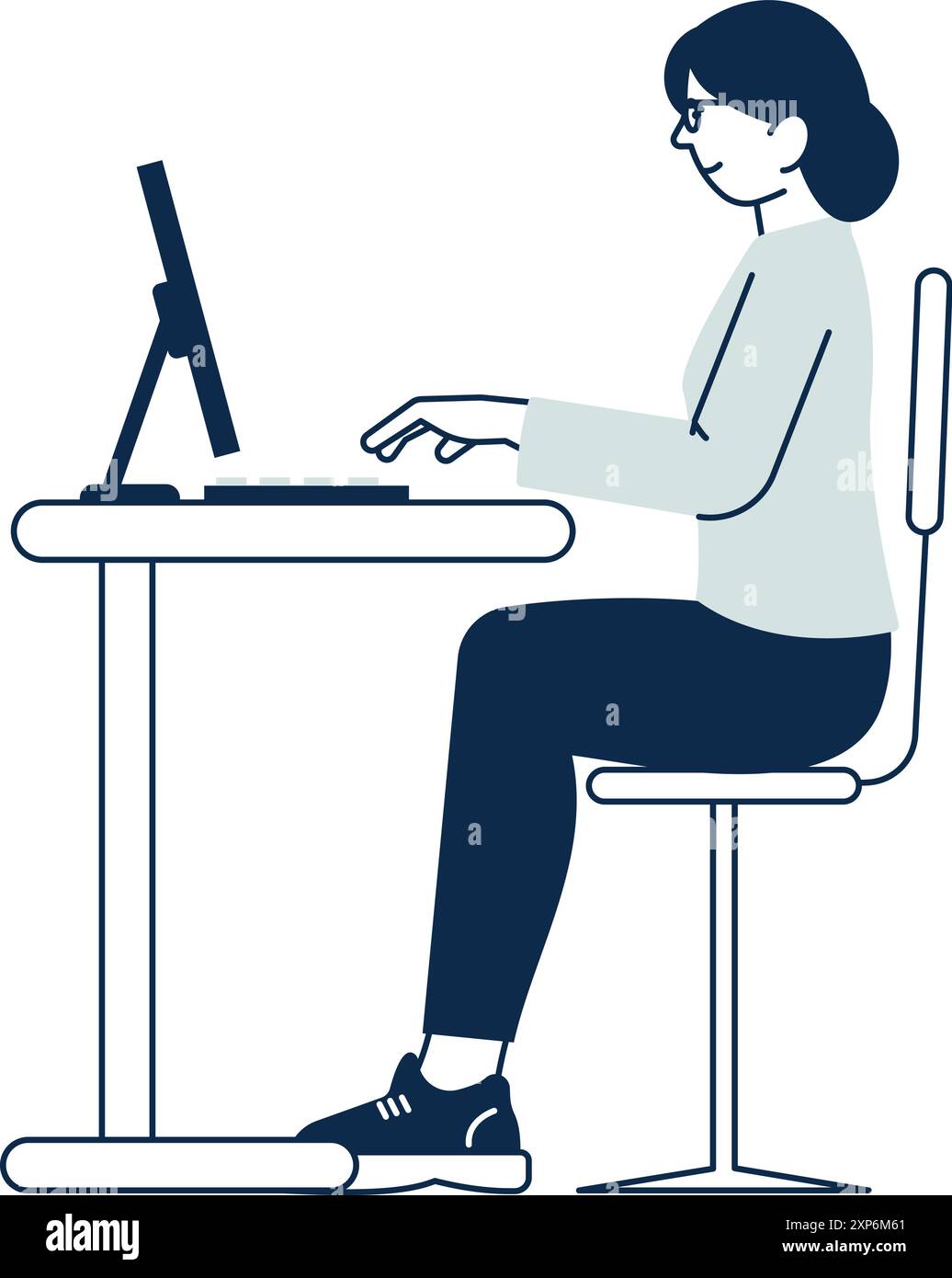 La posa giusta per il desktop del computer. Donna seduta che lavora Illustrazione Vettoriale