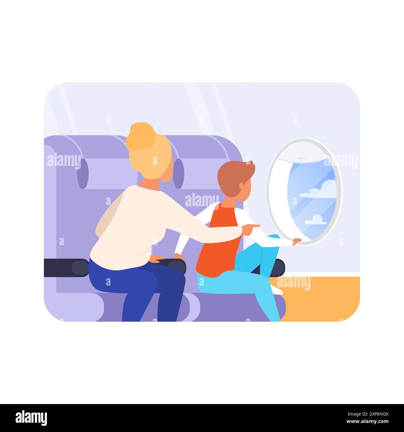 Madre e figlio che guardano fuori dalla finestra dell'aereo verso il cielo, donna e bambino seduti su sedie illustrazione vettoriale Illustrazione Vettoriale
