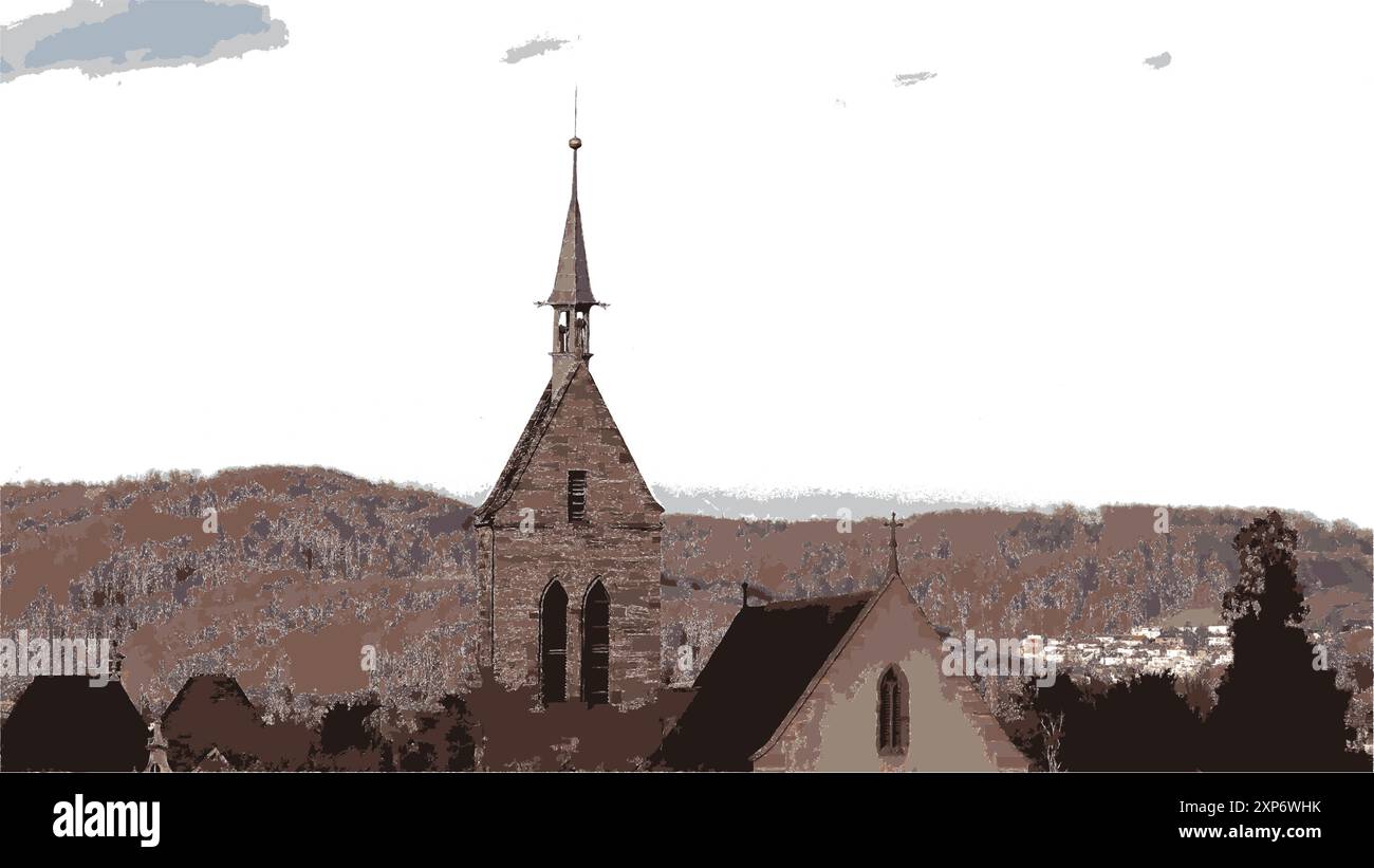 Chiesa storica Steeple tra Rolling Hills e paesaggio rurale Illustrazione Vettoriale