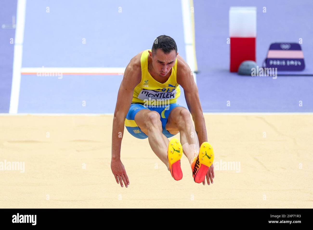 Spalato, Croazia. 14 luglio 2024. PARIGI, FRANCIA - 4 AGOSTO: Thobias Montler del Team Svezia gareggia durante la qualificazione al salto lungo maschile il giorno nove dei Giochi Olimpici di Parigi 2024 allo Stade de France il 4 agosto 2024 a Parigi, Francia. Foto: Iogr Kralj/Pixsell credito: Pixsell/Alamy Live News Foto Stock