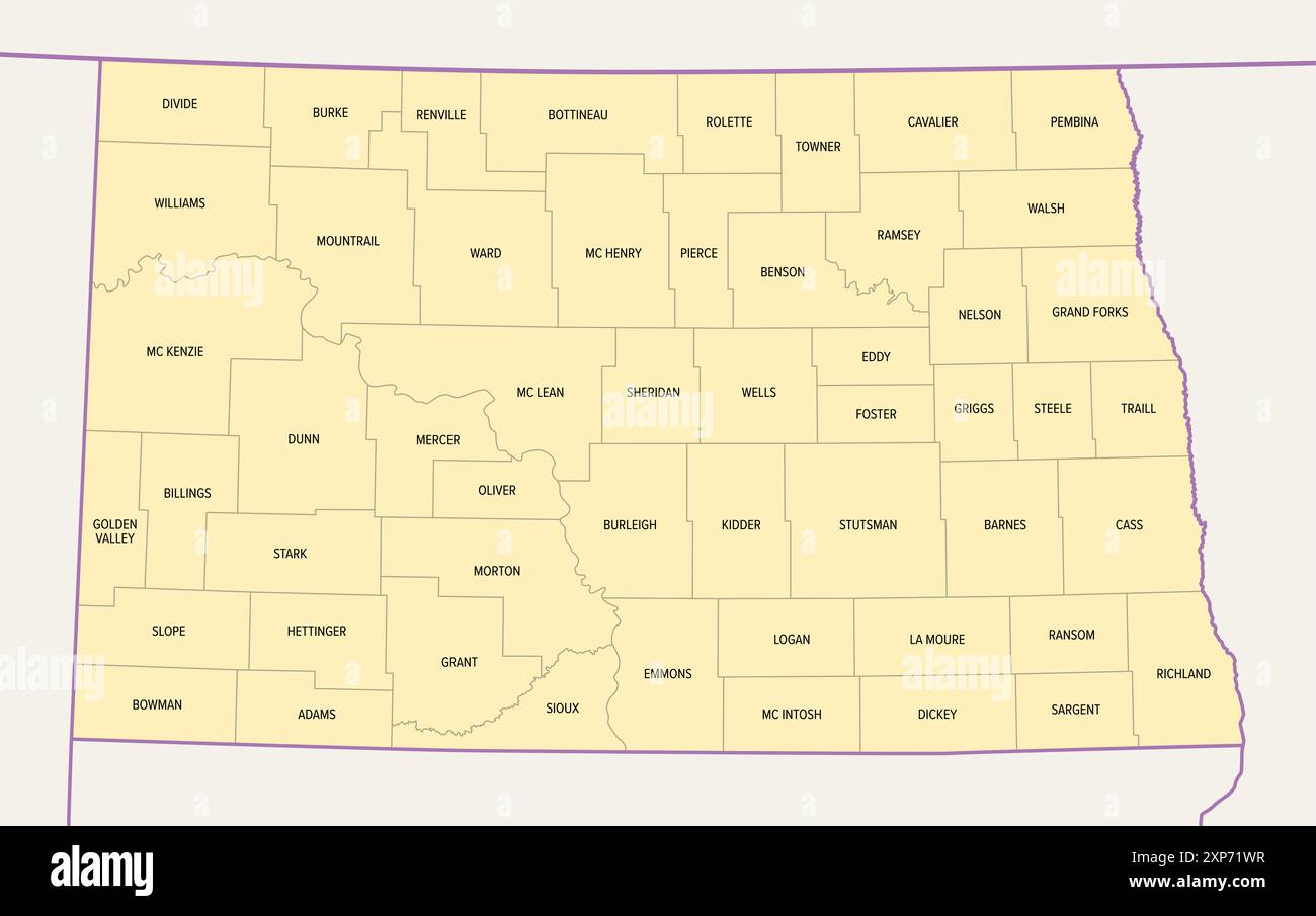 Dakota del Nord, stato degli Stati Uniti, suddiviso in 53 contee, mappa politica con confini e nomi di contea. Stato nella regione dell'Upper Midwest degli Stati Uniti. Foto Stock