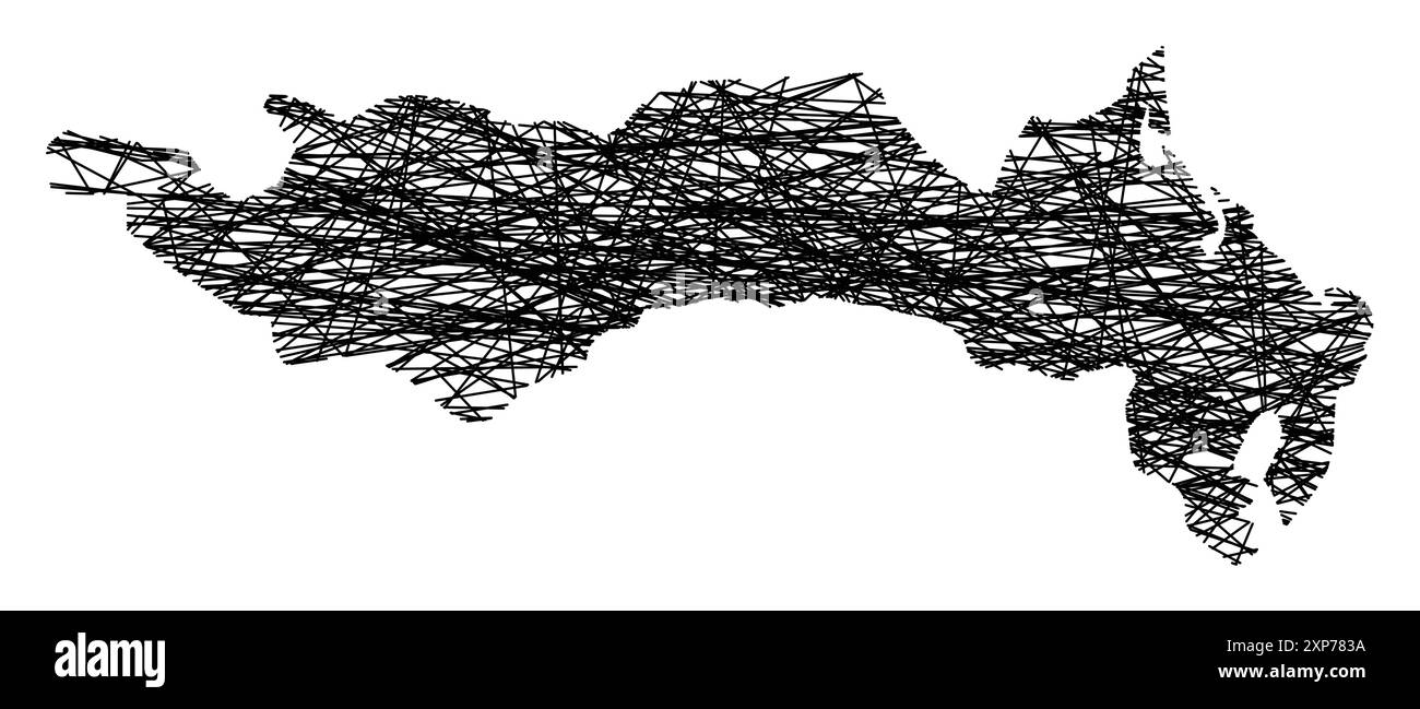 Mappa simbolo della Provincia di Rovigo (Italia) che mostra lo stato con linee nere, incrociate come bastoncini Mikado o ragnatela Illustrazione Vettoriale