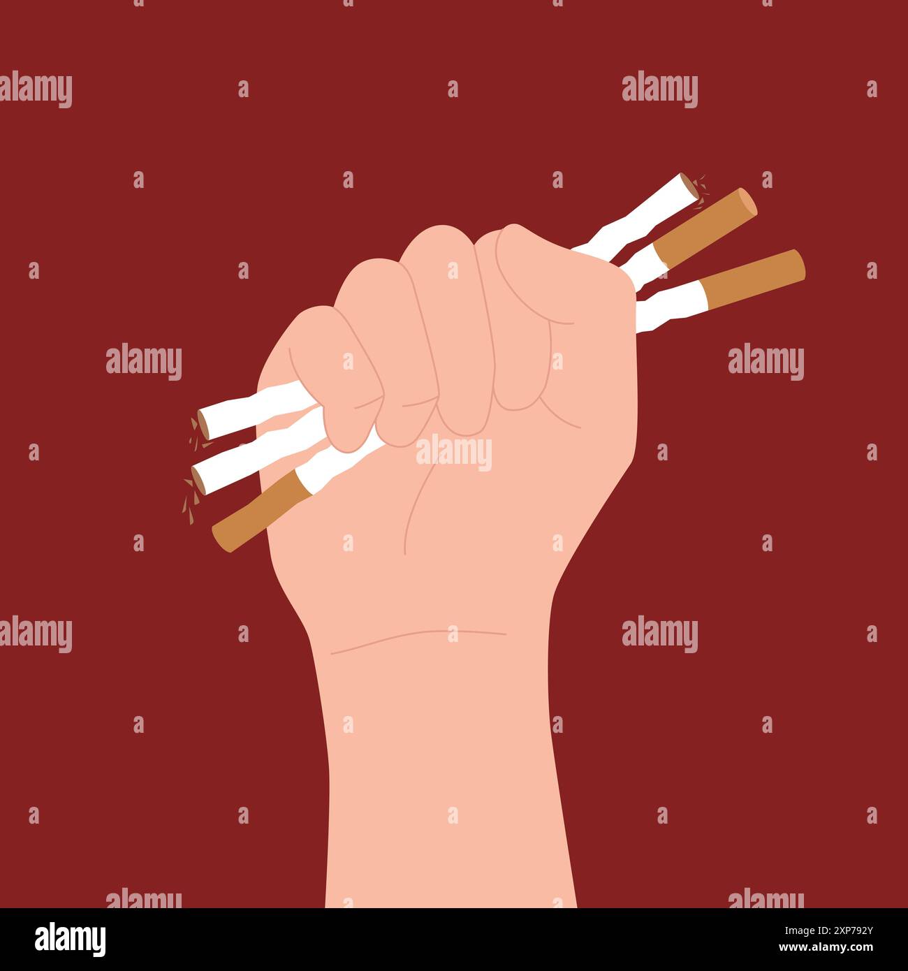 Smettere di fumare tabacco, poster di avvertimento. Le dita dei fumatori rompono le sigarette alla nicotina su sfondo rosso, il pugno di mano si alza fino a smettere di fumare tabacco, calci cattive abitudini malsane illustrazione vettoriale del cartone animato Illustrazione Vettoriale