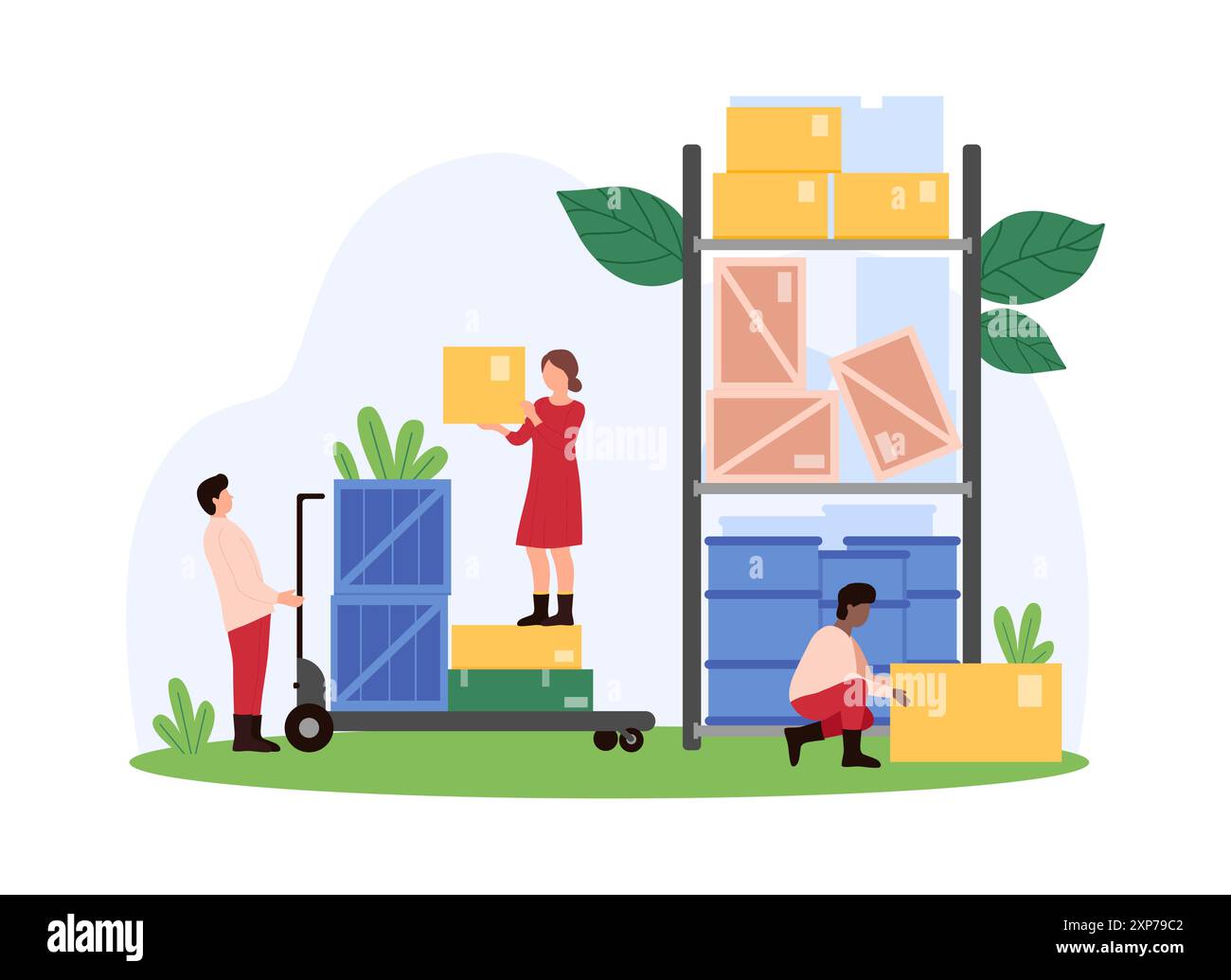 Magazzino di fabbrica, servizio logistico e distribuzione merci. Le persone di piccole dimensioni trasportano pacchi in magazzino industriale, i lavoratori caricano le scatole sullo scaffale dell'illustrazione vettoriale dei cartoni animati dei pallet Illustrazione Vettoriale