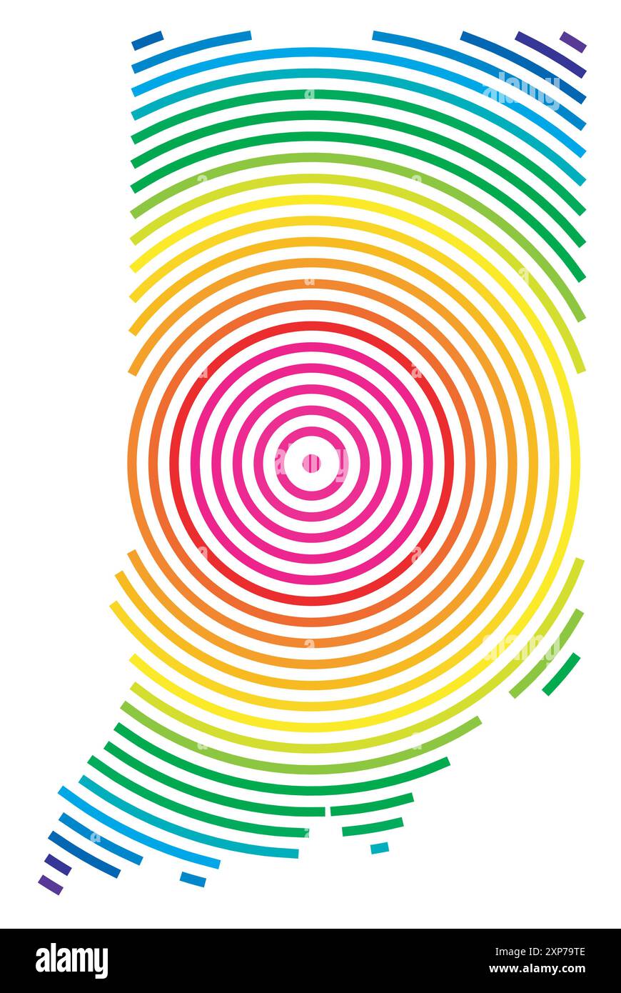 Mappa dei simboli dello Stato dell'Indiana (Stati Uniti d'America). Mappa astratta che mostra lo stato con cerchi concentrici in colori arcobaleno come uno scatto Illustrazione Vettoriale