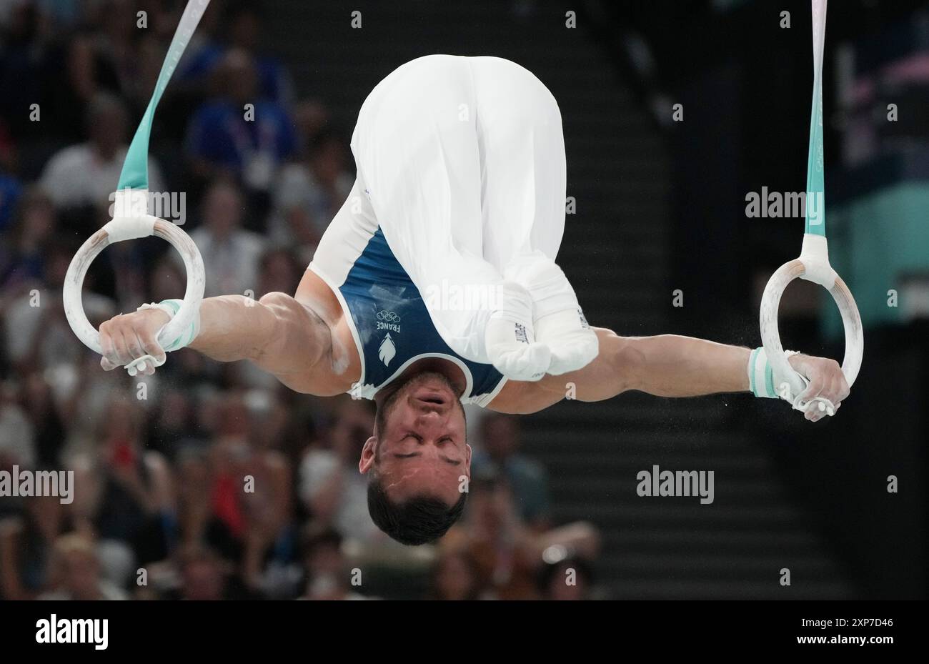 Parigi, Francia. 4 agosto 2024. Samir Ait ha detto della Francia si esibisce sugli anelli durante la finale di ginnastica maschile ai Giochi Olimpici di Parigi del 2024 a Parigi, in Francia, domenica 4 agosto 2024. Foto di Pat Benic/UPI credito: UPI/Alamy Live News Foto Stock