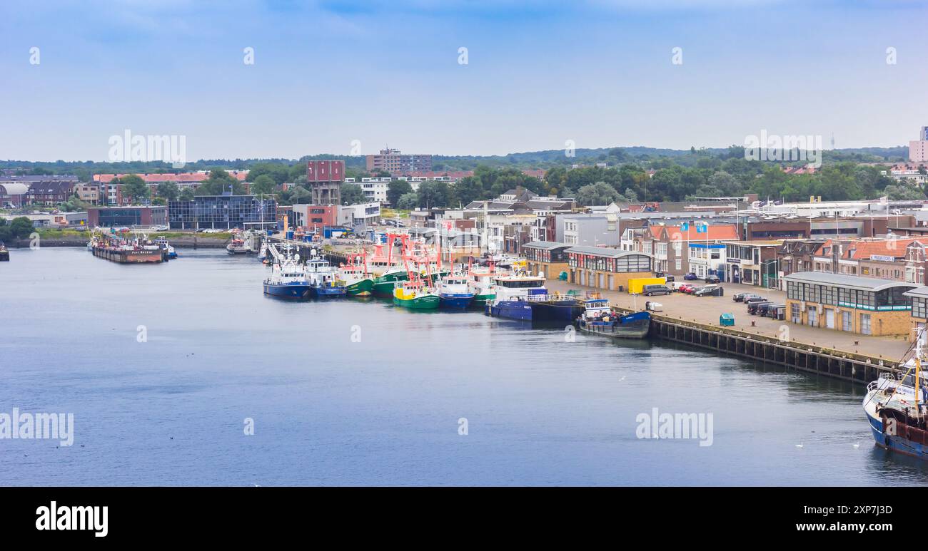 Pescherecci nel porto di IJmuiden, Paesi Bassi Foto Stock