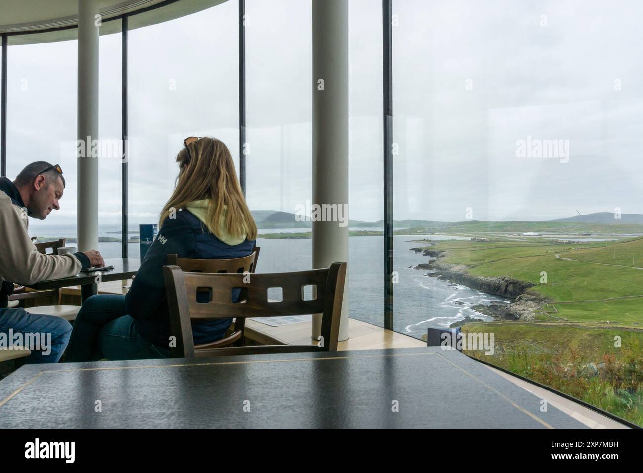 Vista dall'Observatory Cafe a Sumburgh Head, Shetland. Foto Stock