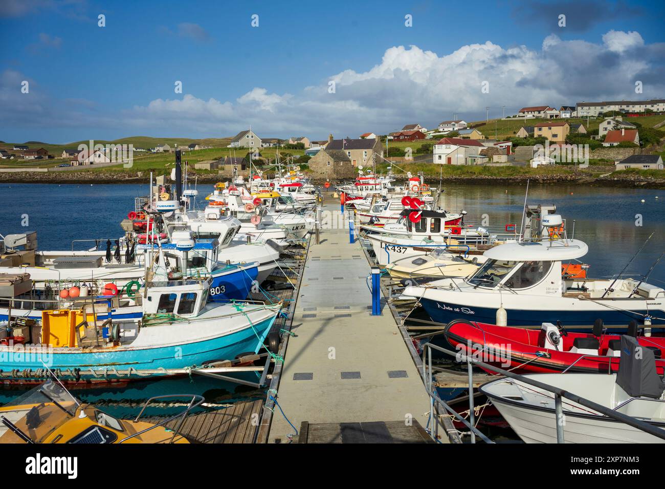 Whalsay è la sesta più grande delle isole Shetland nel nord della Scozia. Conosciuta come "l'isola di bonnie" con una grande flotta di pesca pelagica Foto Stock