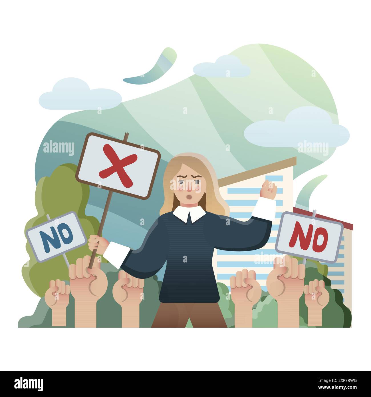 Donna che guida la protesta contro la questione politica senza segno Illustrazione Vettoriale