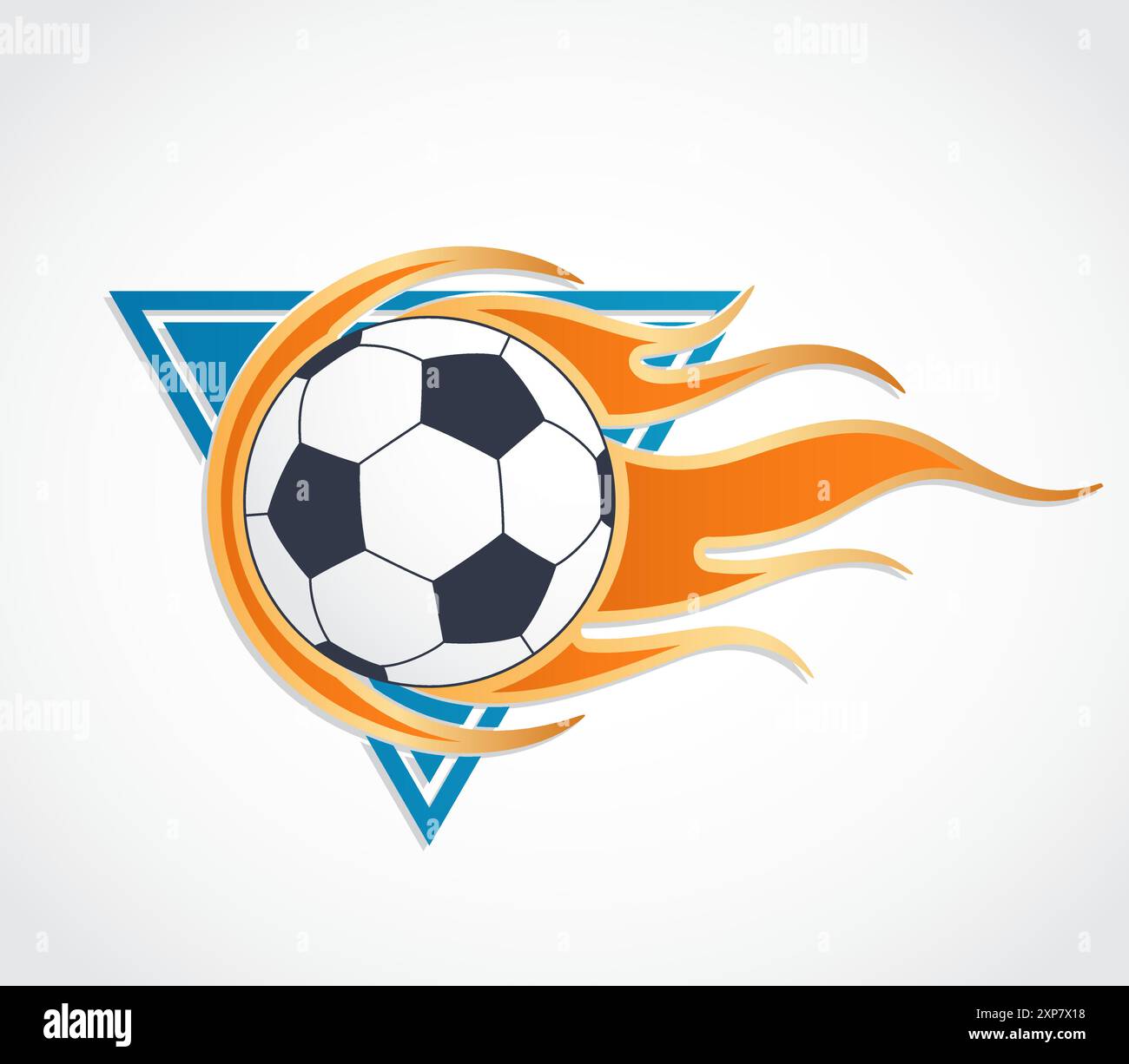 palla da calcio con fiamme sul logo blu triangolare Illustrazione Vettoriale