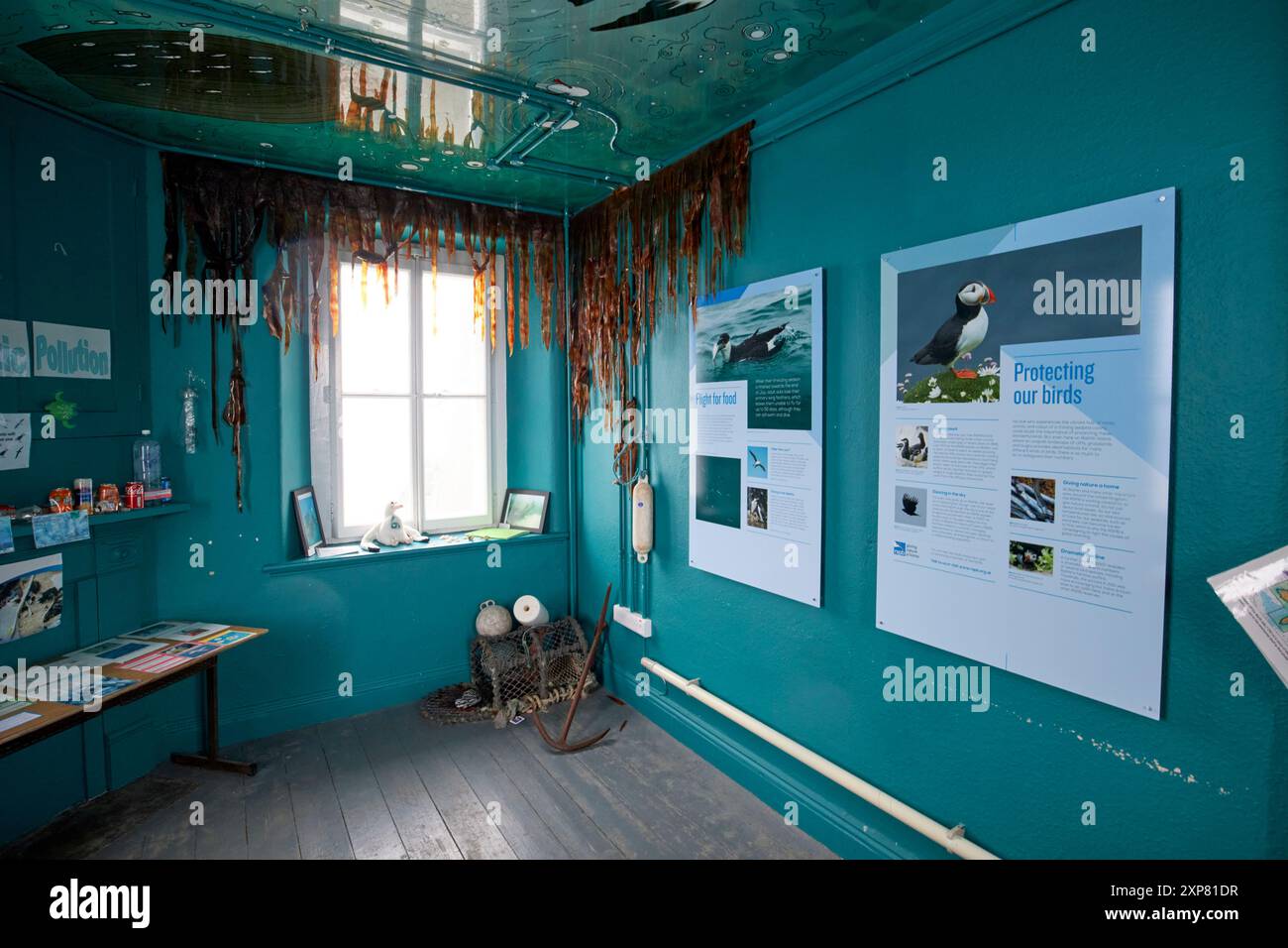 mostra in una delle sale del faro rspb center rathlin west light rathlin island, contea di antrim, irlanda del nord, regno unito Foto Stock