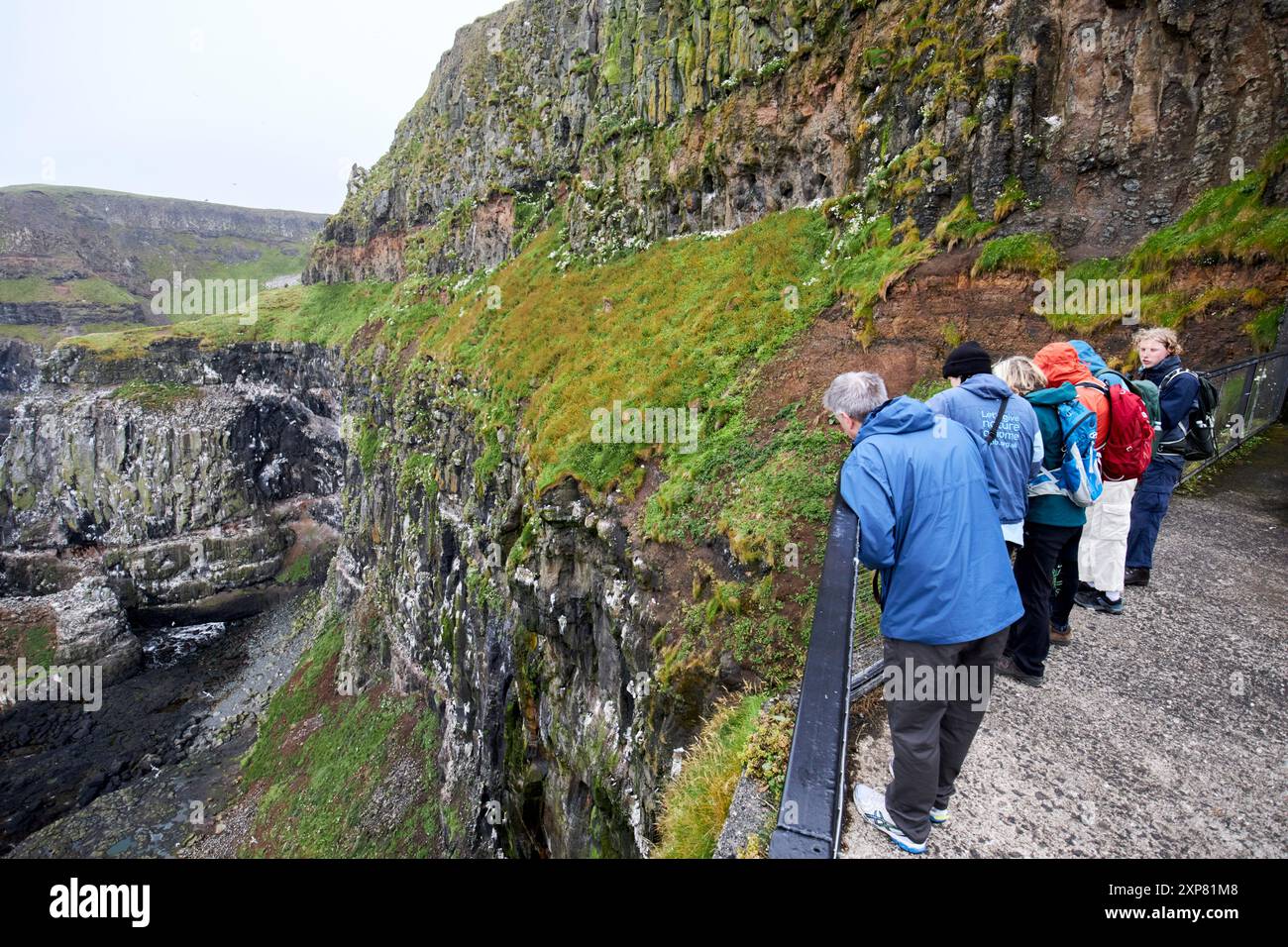 turisti che cercano uccelli marini nidificanti rspb centre rathlin faro a luce ovest rathlin island, contea di antrim, irlanda del nord, regno unito Foto Stock