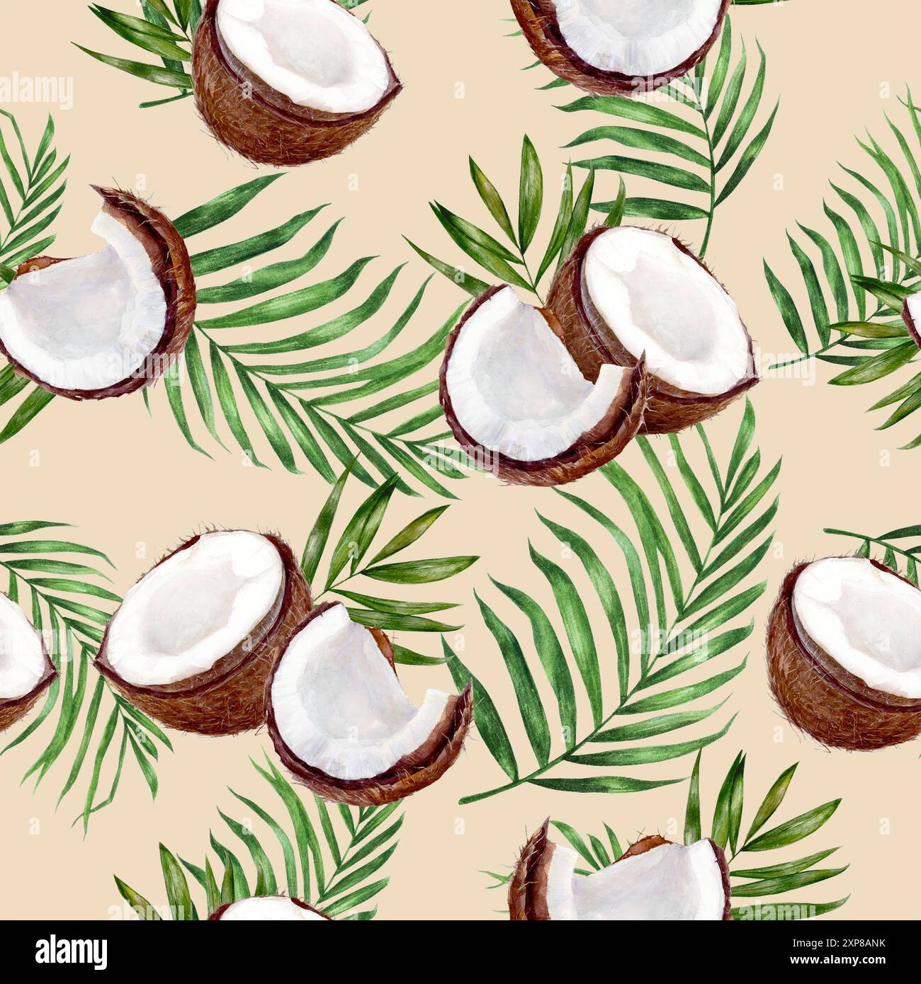 Questo design presenta un motivo ad acquerello esteticamente senza cuciture di noci di cocco tropicale e foglie di palma Foto Stock Questo design presenta un motivo ad acquerello esteticamente senza cuciture di noci di cocco tropicale e foglie di palma Foto Stock
