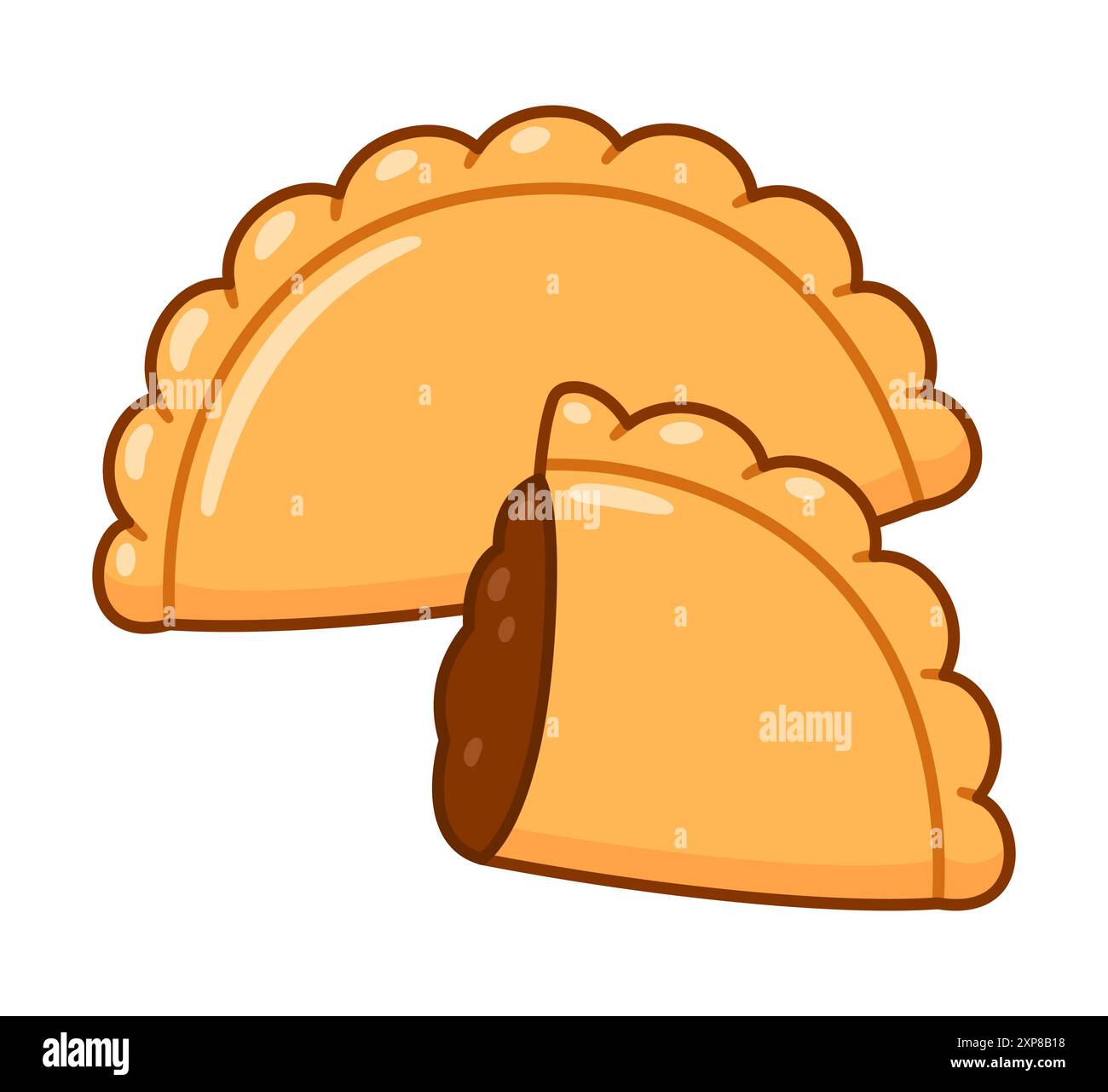 Empanadas tradizionali sudamericane (torte di carne). Mezza empanada con ripieno di carne. Scarabocchio cartoni animati, illustrazione clipart vettoriale. Illustrazione Vettoriale