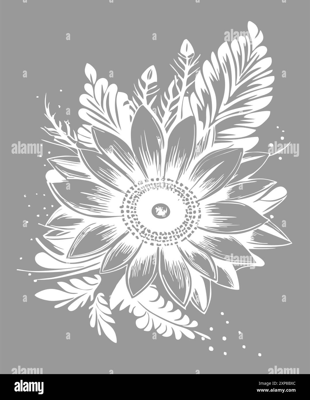 disegno grafico bianco di contorno di un bouquet di fiori su sfondo grigio, disegno Foto Stock