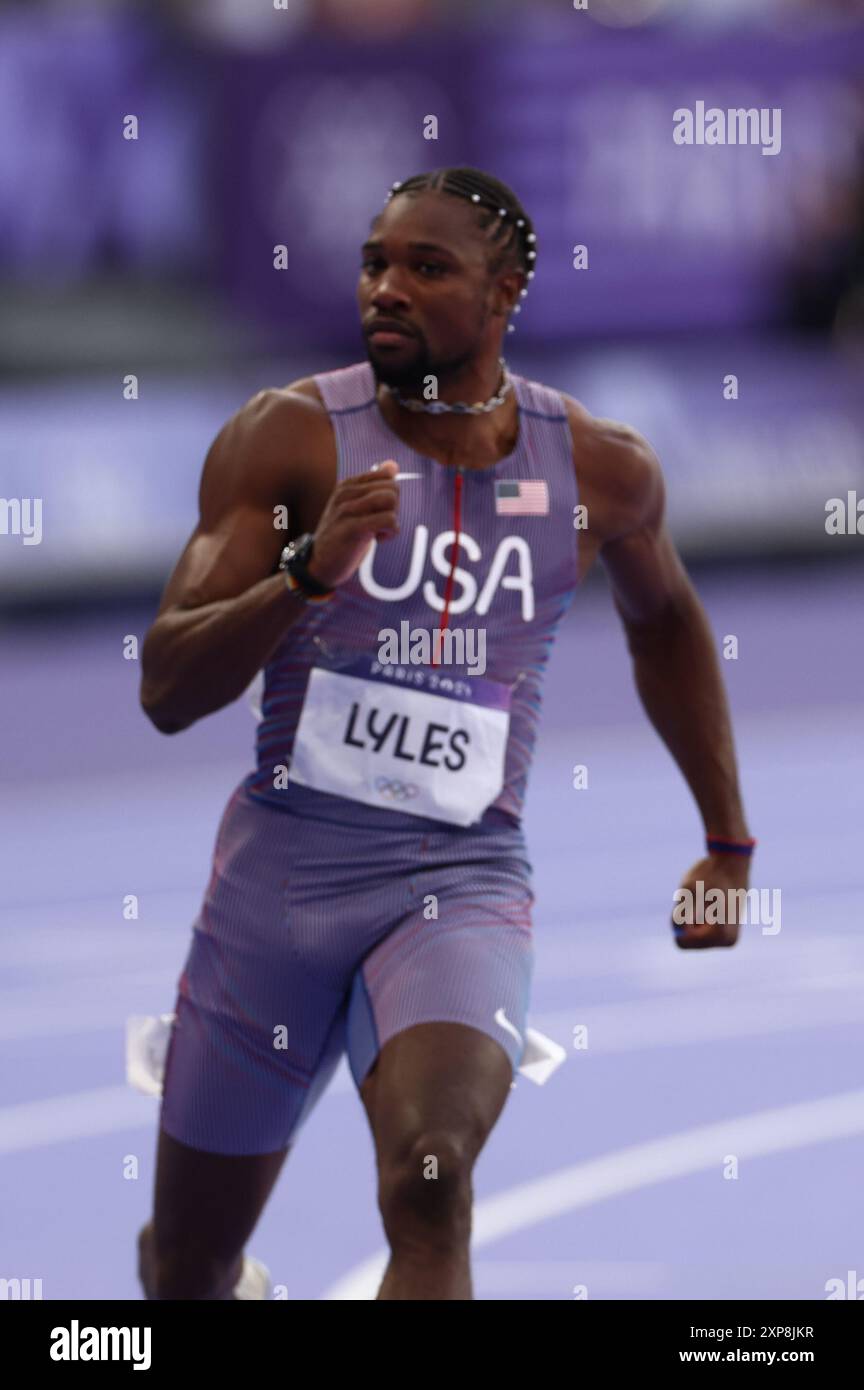 Parigi, Francia. 4 agosto 2024. Julien Mattia/le Pictorium - Atletica - semifinali uomini 100m - Parigi 2024 - 04/08/2024 - Francia/Senna Saint Denis/Parigi - Noah Lyles (USA) durante le semifinali 100m ai Giochi Olimpici di Parigi, Stade de France, 4 agosto 2024. Crediti: LE PICTORIUM/Alamy Live News Foto Stock