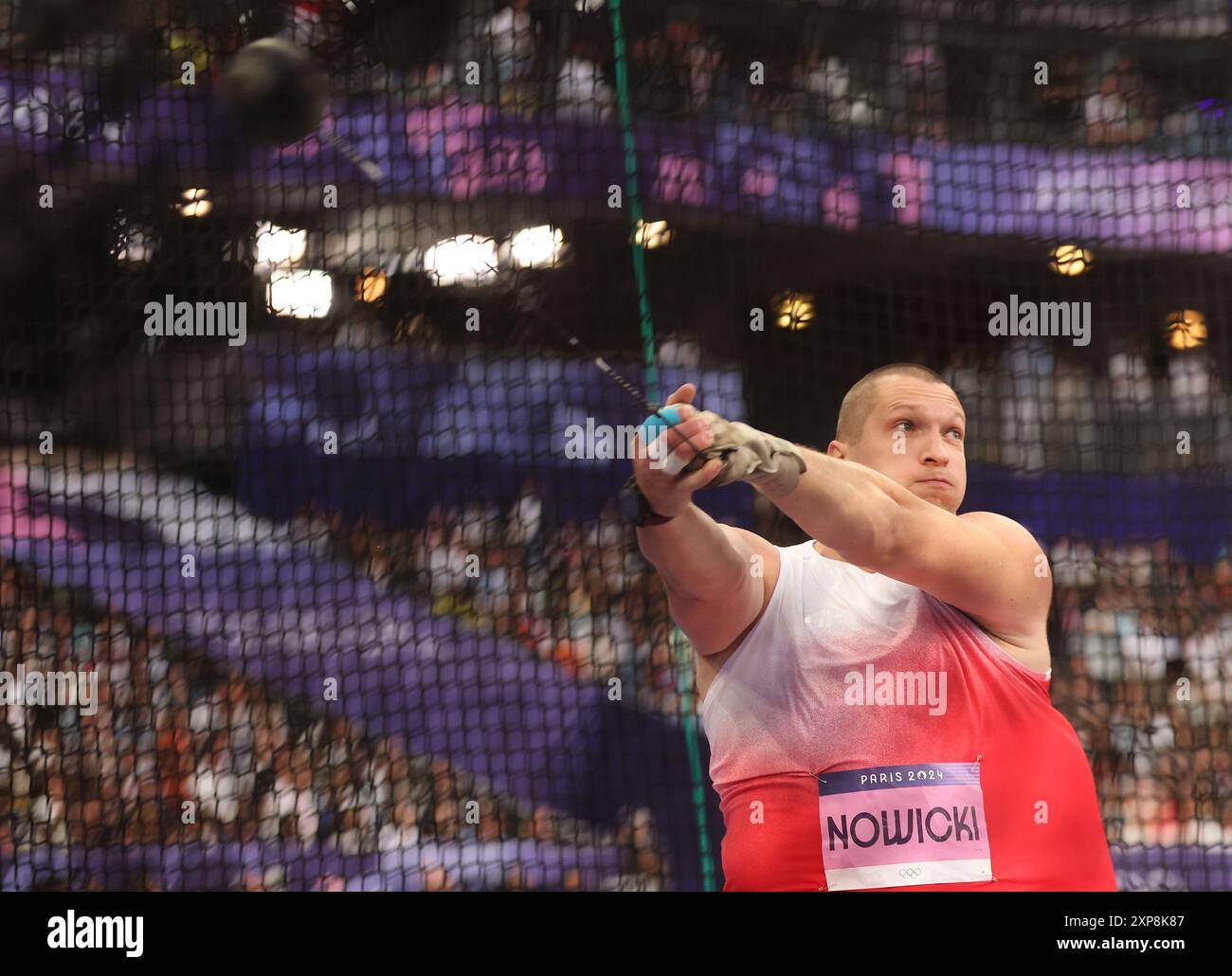 Parigi, Francia. 4 agosto 2024. Wojciech Nowicki, polacco, gareggia durante la finale maschile di Athletics ai Giochi Olimpici di Parigi 2024 a Parigi, Francia, 4 agosto 2024. Crediti: Li Ming/Xinhua/Alamy Live News Foto Stock