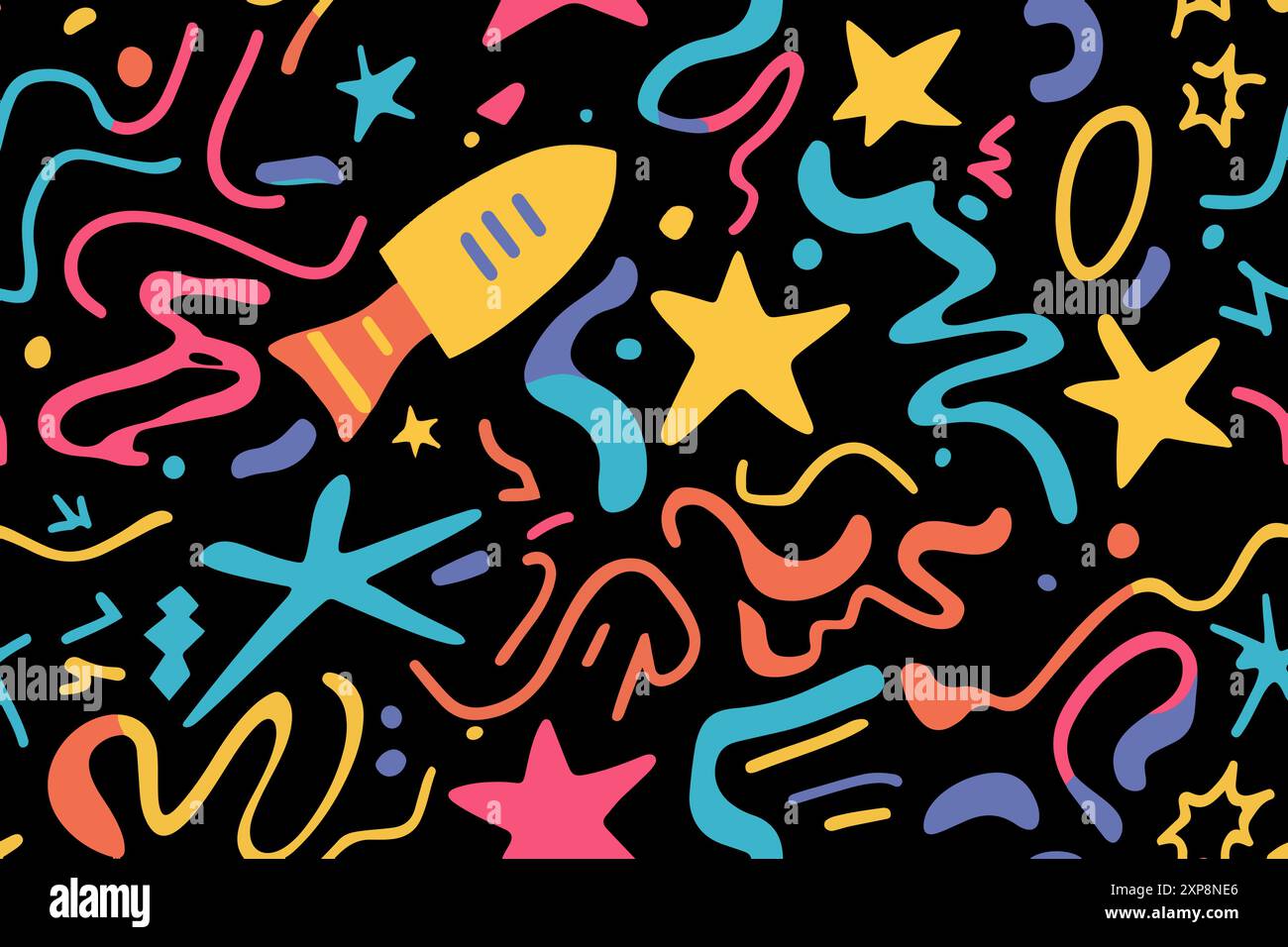 Forme divertenti per i bambini motivo senza cuciture. Motivi geometrici spaziali al neon, colori vivaci, fantasia di cartoni animati anni '90. Illustrazione vettoriale sul nero Illustrazione Vettoriale