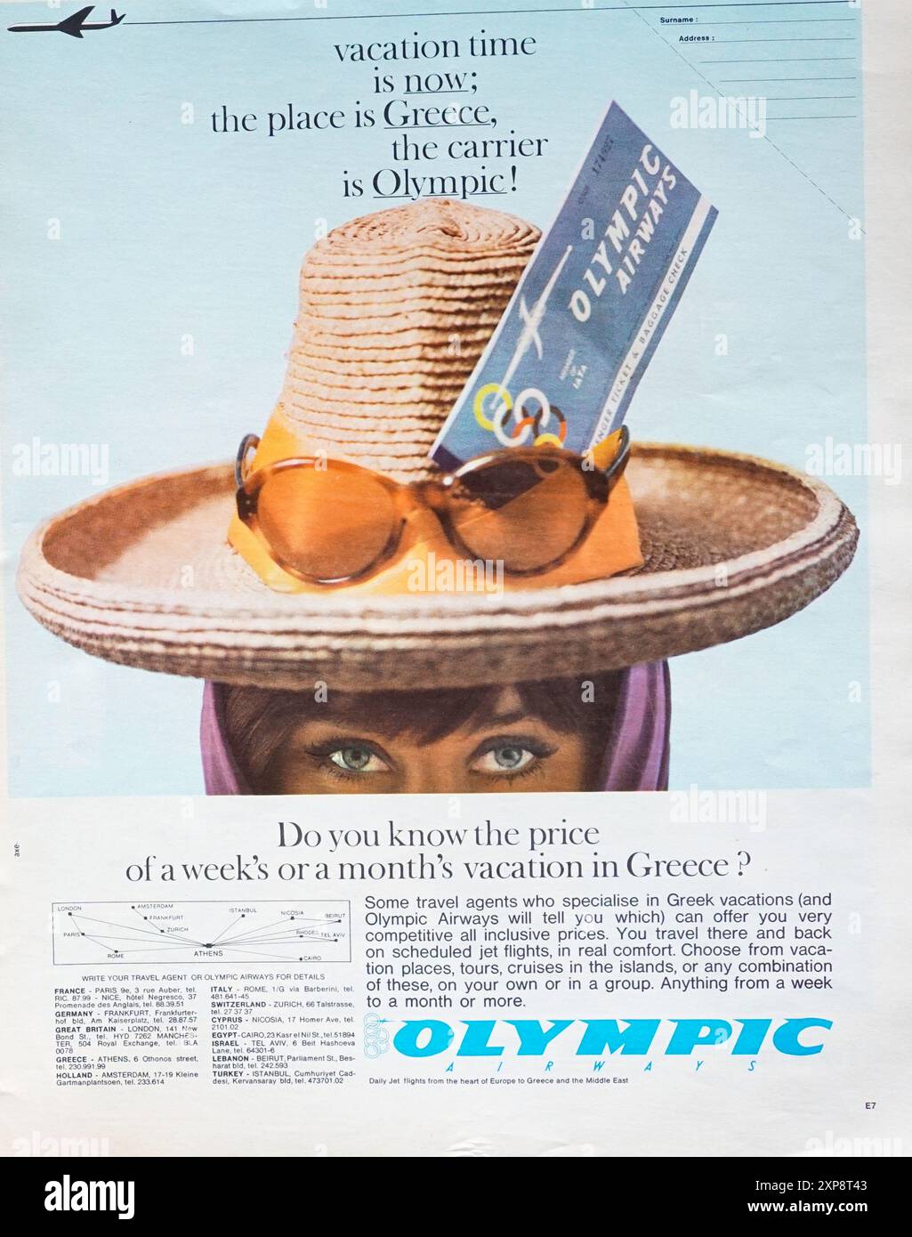 Pubblicità vintage 1965 per la NOA che mostra le gioie delle vacanze in Grecia, completa di consigli e dettagli di viaggio Foto Stock