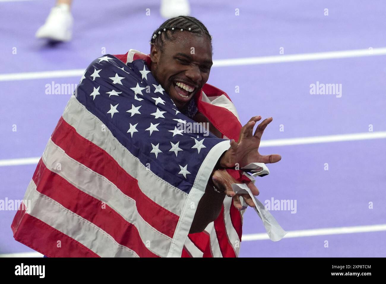 Parigi, Francia. 4 agosto 2024. Noah Lyles degli Stati Uniti durante la finale maschile di atletica leggera dei 100 metri alle Olimpiadi estive del 2024, domenica 4 agosto 2024 a Parigi, Francia. (Foto di Spada/LaPresse) credito: LaPresse/Alamy Live News Foto Stock