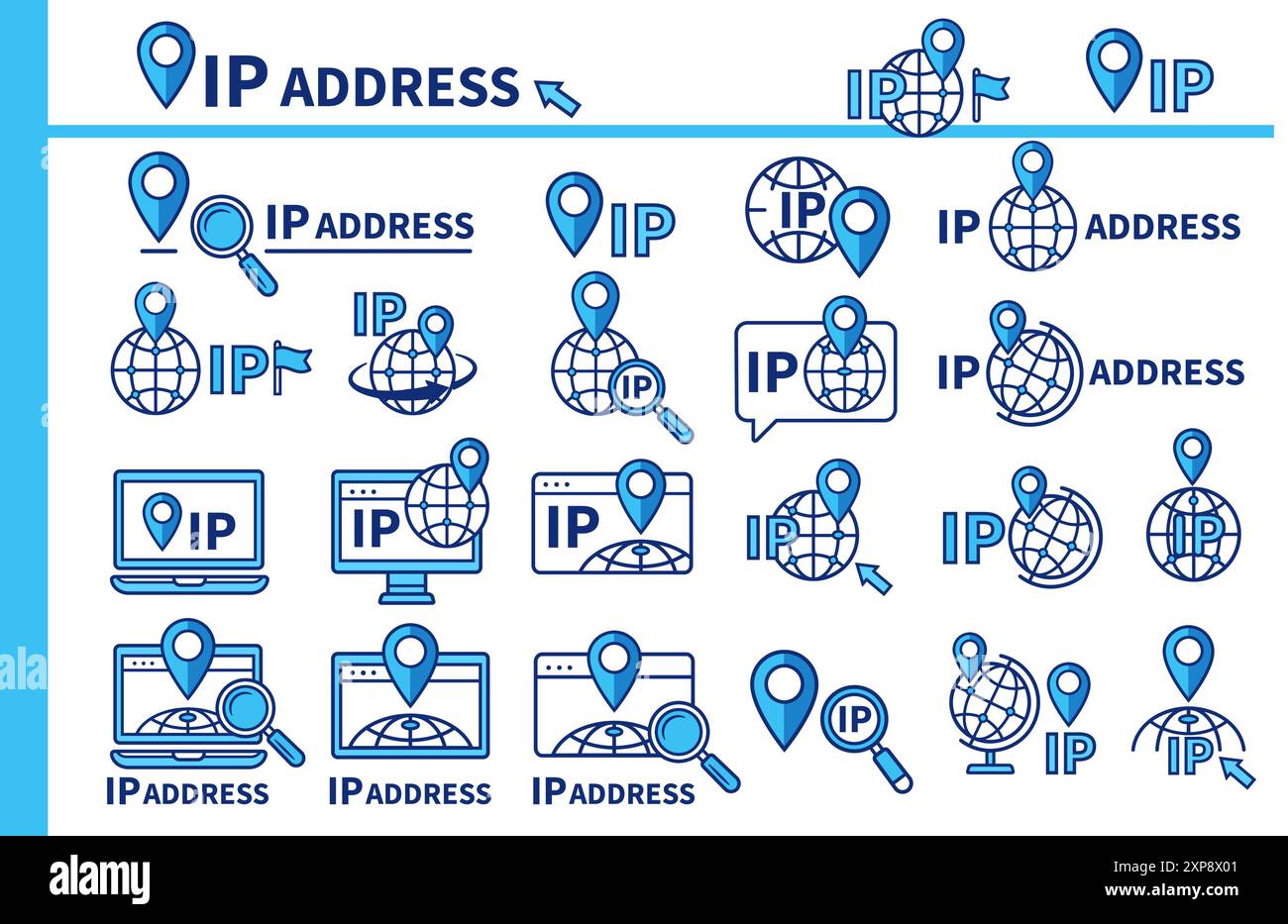 Indirizzo IP, puntatore posizione protocollo Internet, set di icone linea di navigazione Web dispositivo computer. Geolocalizzazione della rete di siti web. Punto localizzato della mappa GPS Illustrazione Vettoriale