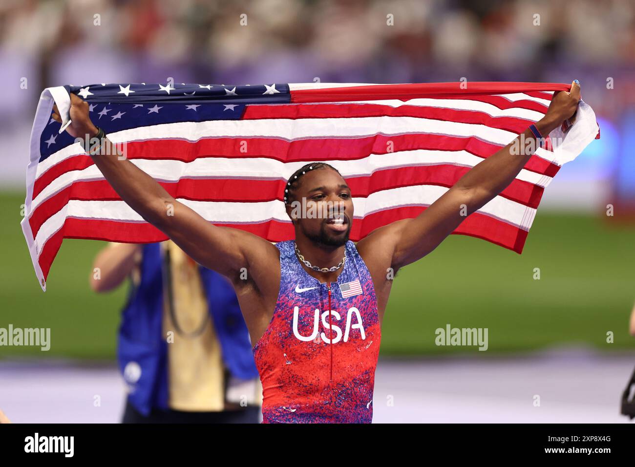 Parigi, Francia. 4 agosto 2024. Julien Mattia/le Pictorium - Atletica - 100m final maschile - Parigi 2024 - 04/08/2024 - Francia/Senna Saint Denis/Parigi - Noah Lyles (USA) campione olimpico durante i 100m finali ai Giochi Olimpici di Parigi, Stade de France, 4 agosto 2024. Crediti: LE PICTORIUM/Alamy Live News Foto Stock