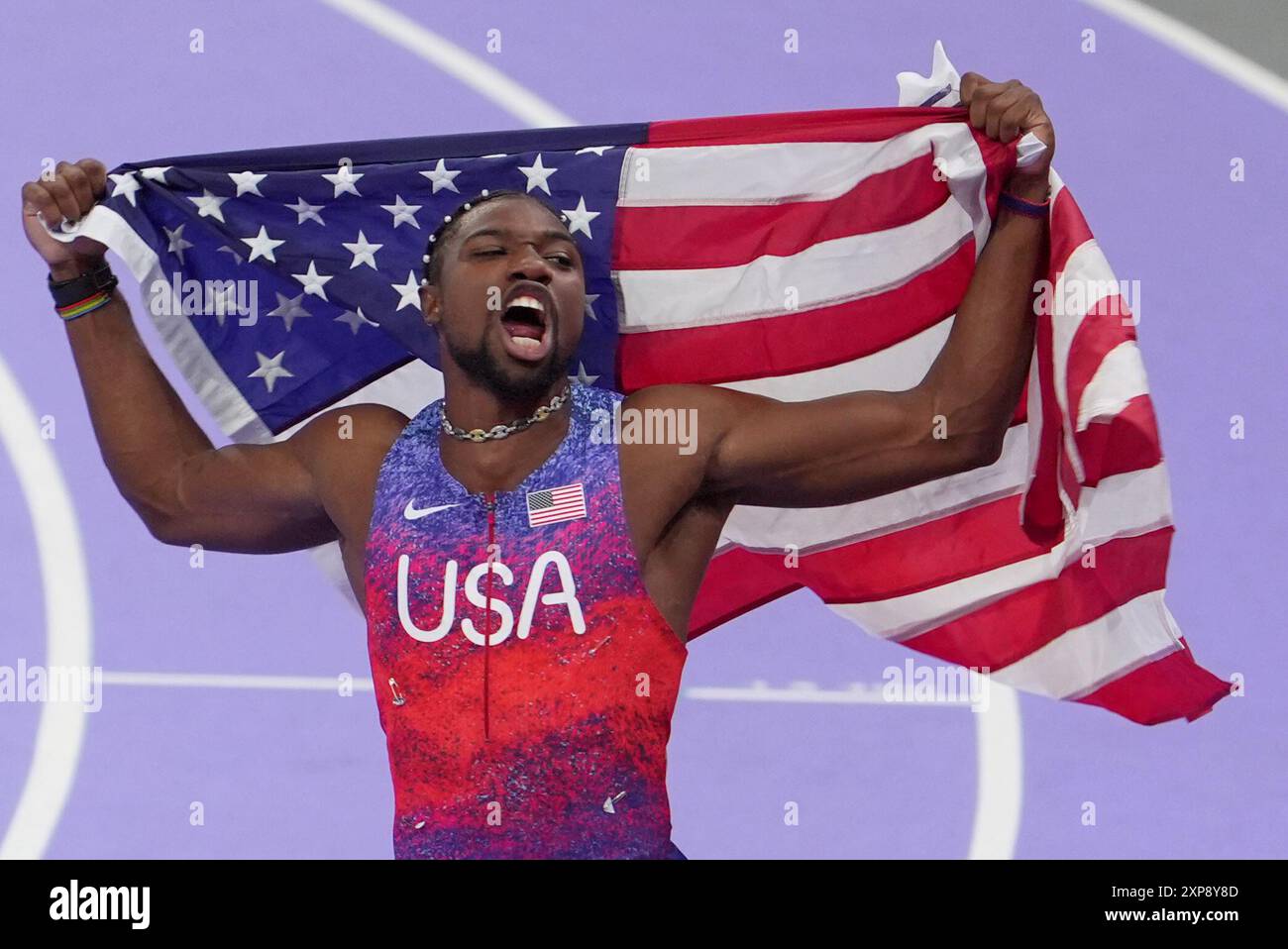 Parigi, Francia. 4 agosto 2024. Noah Lyles degli Stati Uniti durante la finale maschile di atletica leggera dei 100 metri alle Olimpiadi estive del 2024, domenica 4 agosto 2024 a Parigi, Francia. (Foto di Spada/LaPresse) credito: LaPresse/Alamy Live News Foto Stock