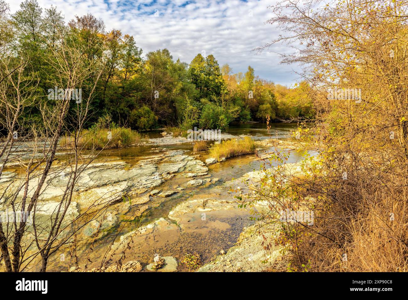 Vista dall'alto del canale di un piccolo fiume di montagna Foto Stock