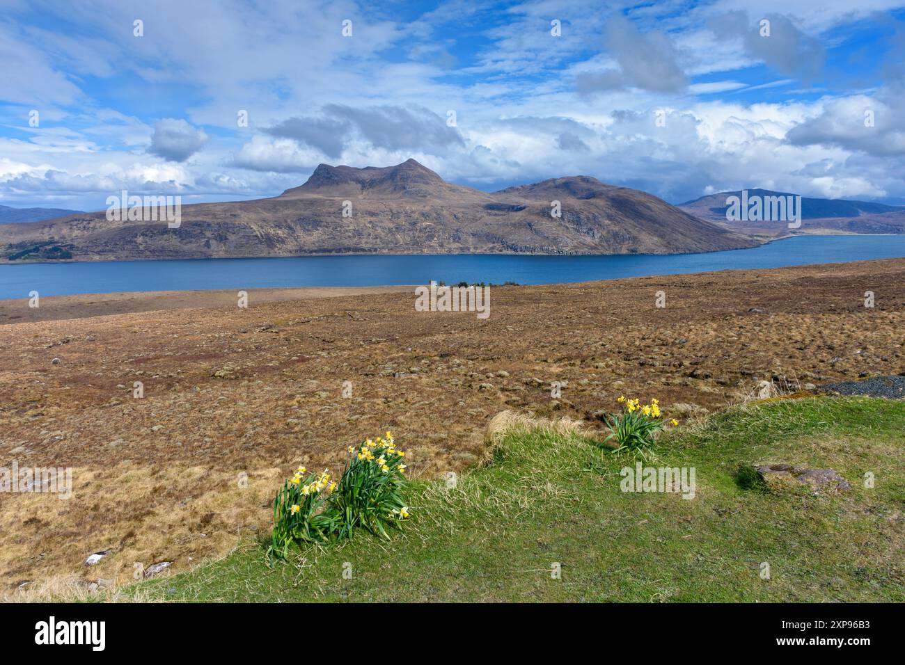 Beinn Ghobhlach sopra Little Loch Broom dalla A832 Road vicino a Badcaul, Highland Region, Scozia, Regno Unito Foto Stock