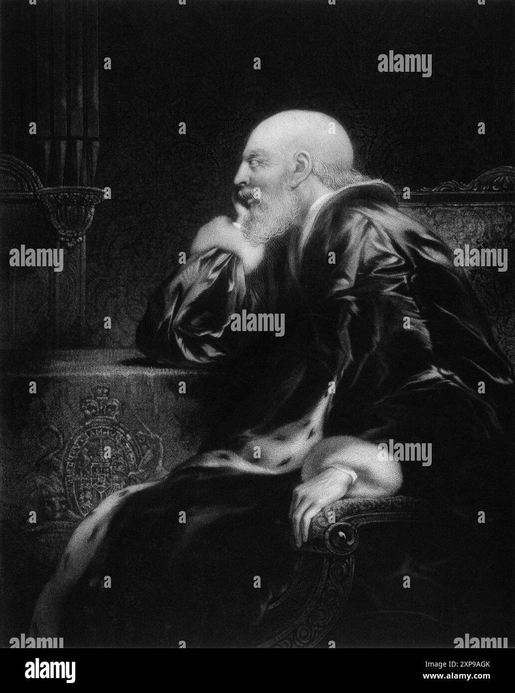 Re Giorgio III sedette su una poltrona durante i suoi ultimi anni, Mezzotint di S.W. Reynolds dal 1820 Foto Stock