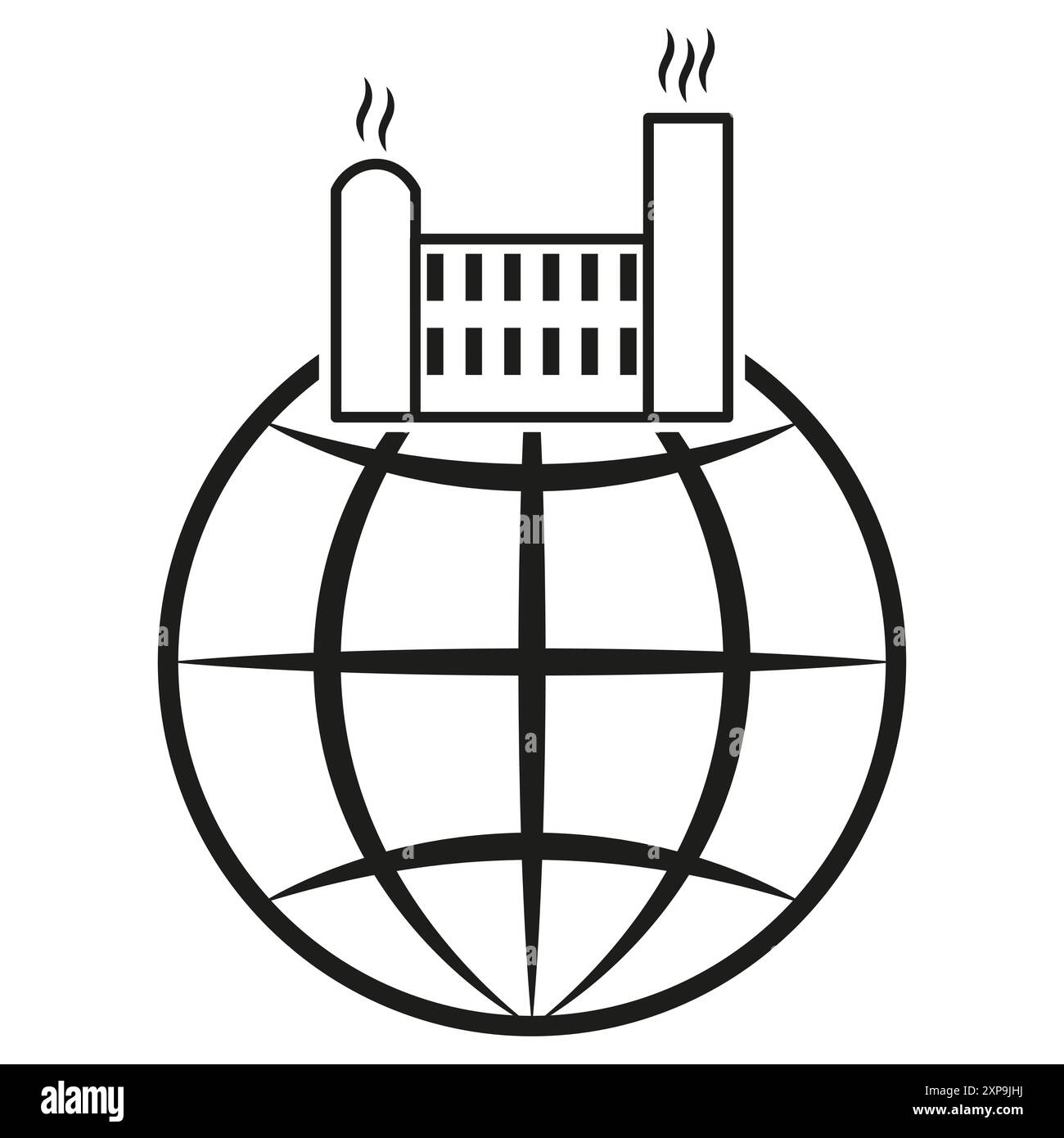 Icona del settore globale. Fabbrica sul globo. Simbolo industriale vettoriale. Concetto di produzione in tutto il mondo. Illustrazione Vettoriale