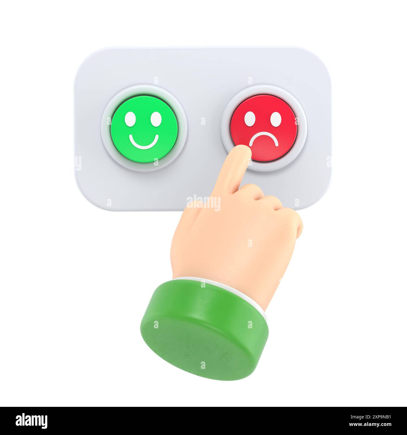 La mano del cartone animato del cliente delusa preme il pulsante rosso. Clip art per attività o mercato. Esperienza negativa illustrazione 3d emozione.rendering 3D su wh Foto Stock