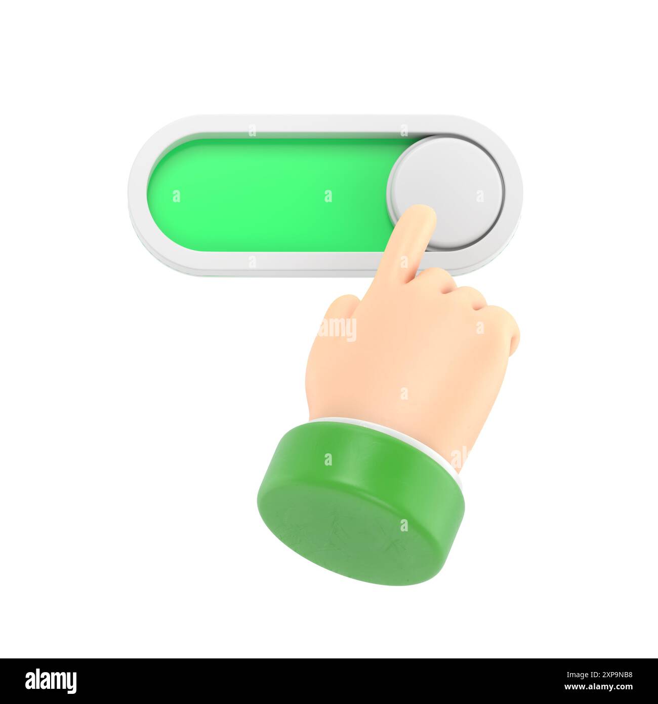 Icona del gesto del cartone animato Mockup.rendering 3d,mano del personaggio del cartone animato attivazione del pulsante,icona della barra di scorrimento.rendering 3D su sfondo bianco. Foto Stock