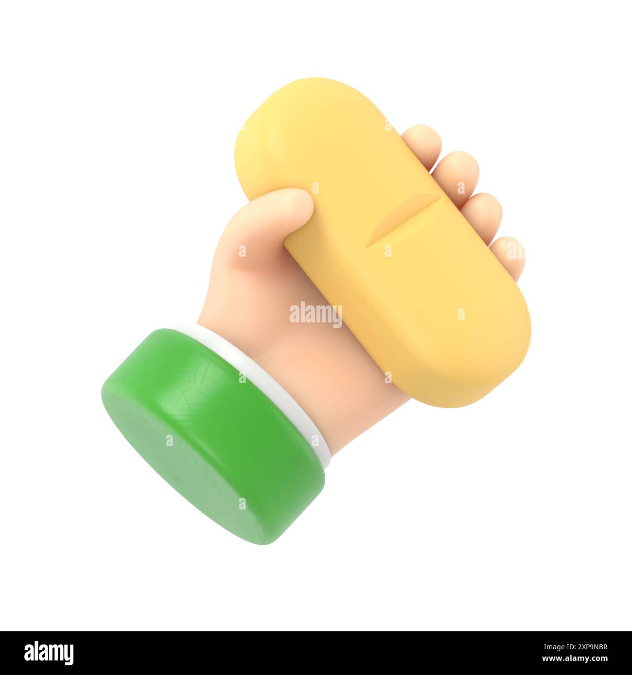 rendering 3d. La mano del cartone animato del medico o del farmacista contiene una grande pillola blu. Icona medica, illustrazione sanitaria. Clip farmaceutica art.rendering 3D su bianco Foto Stock