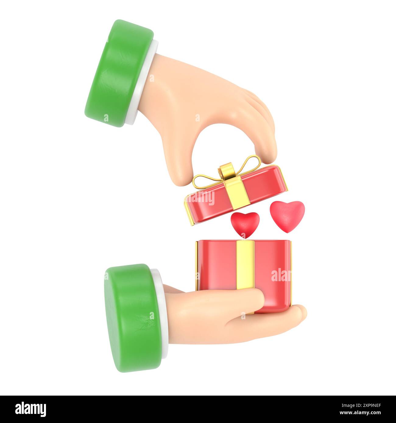 Concetto di dono dell'amore. Buon San Valentino. Un uomo che tiene in mano una scatola regalo con il cuore rosso, confessa l'amore del simbolo. Illustrazione disegno piatto. Roma Foto Stock