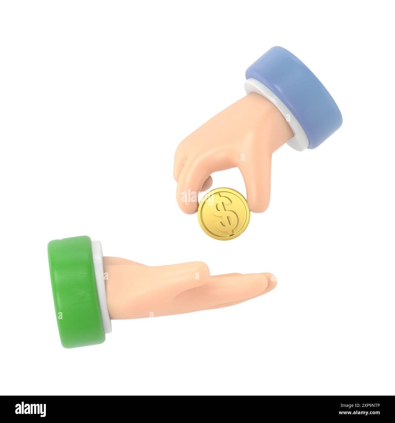 Cartoon Gesture Icon Mockup.uomo d'affari che dà soldi per mendicare.rendering 3D su sfondo bianco. Foto Stock